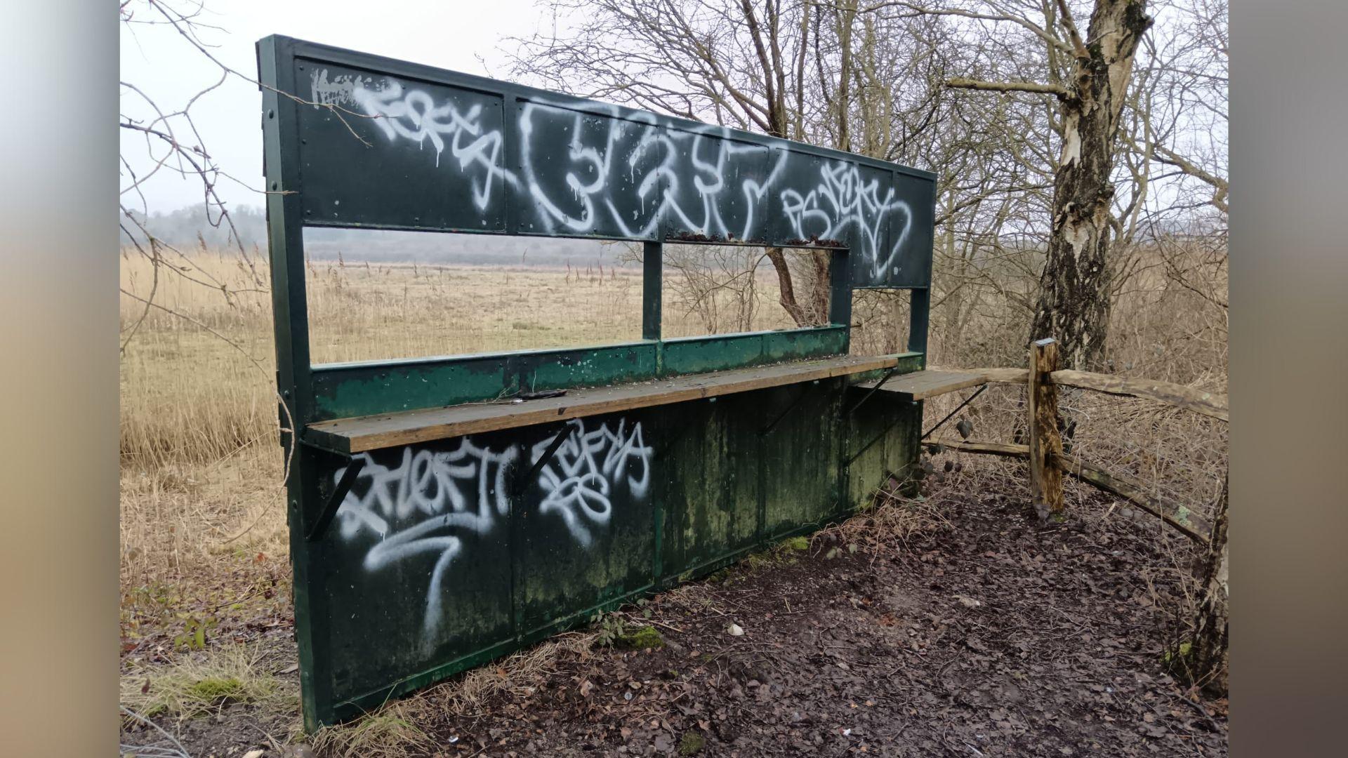 A green bird viewing screen on marshland that has been smashed and graffitied. 