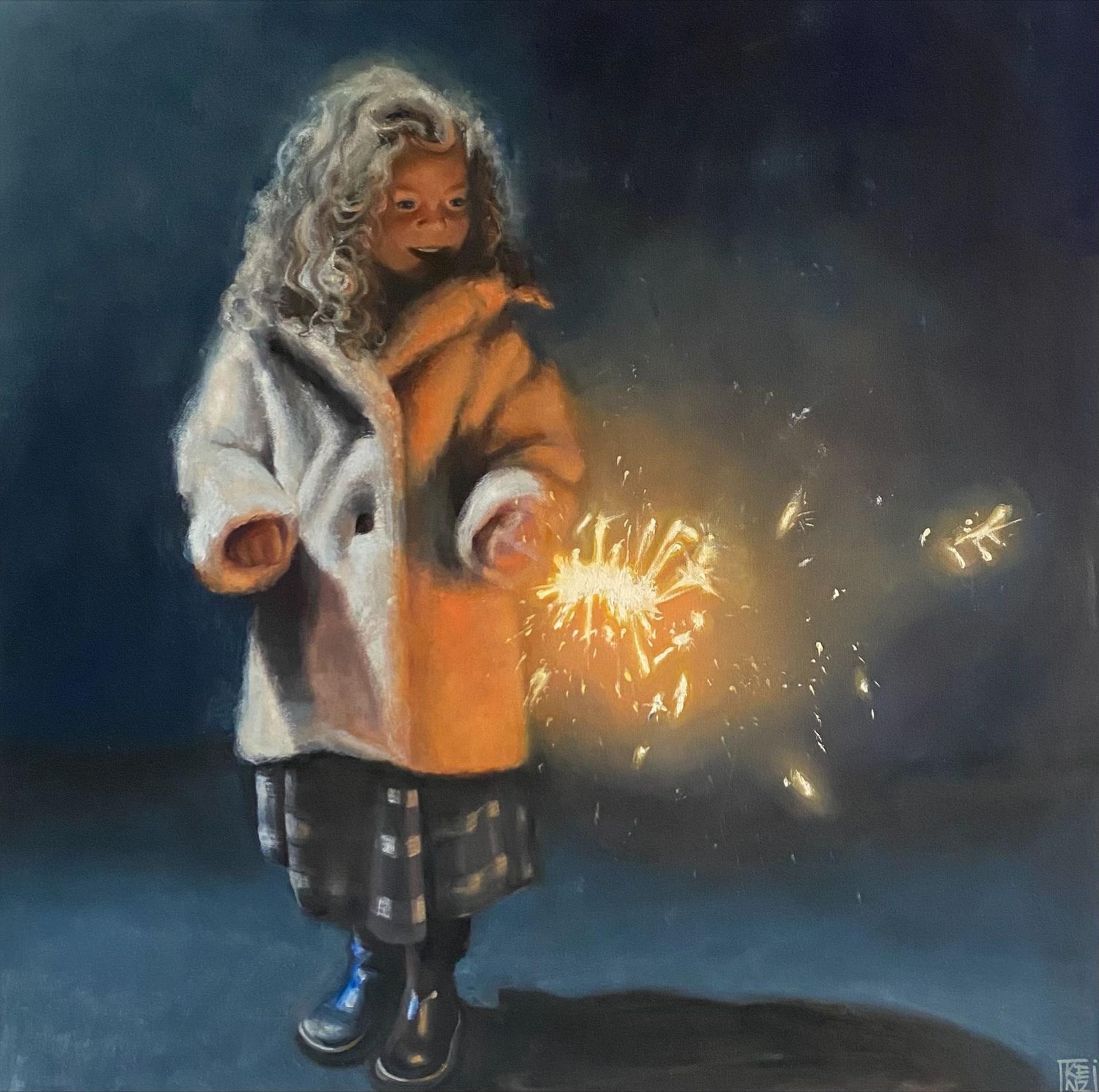 A painting of a young girl wearing a coat and holding a sparkler.