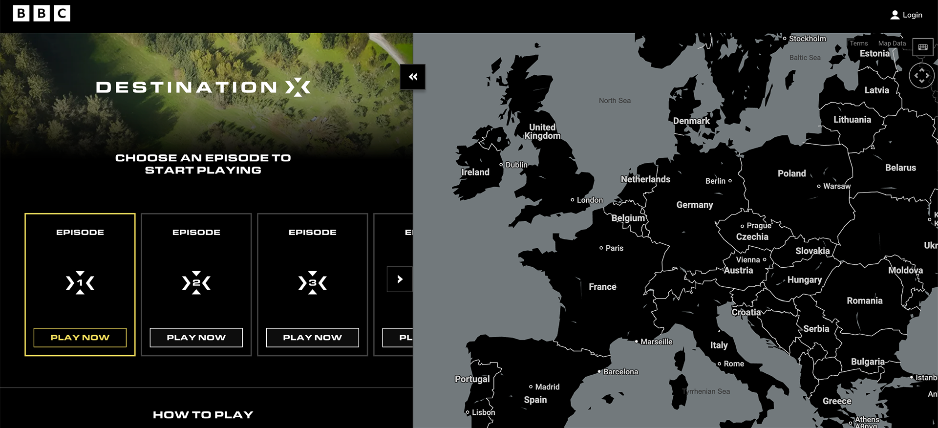 a screencap of the destination x game. on the right is a dark grey map of europe, and on the left is text that reads 'destination x. choose an episode to start playing'. under this are three buttons that read 'episode 1 - play now,' 'episode 2 - play now' and 'episode 3 - play now'