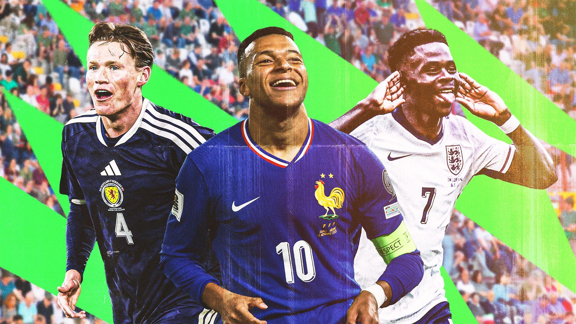 A BBC Sport graphic featuring Scotland's Scott McTominay, France striker Kylian Mbappe and England winger Bukayo Saka