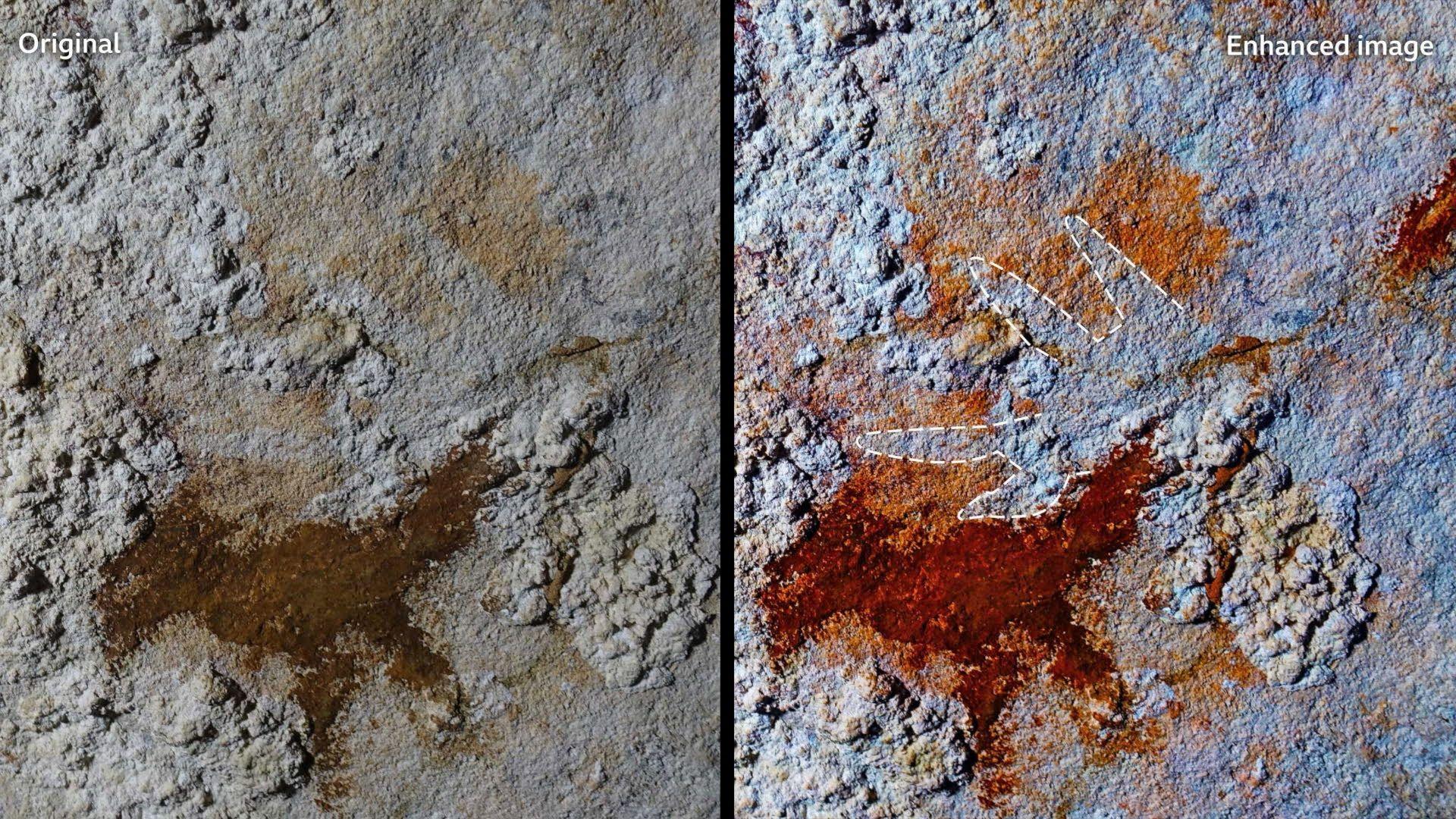 An original photograph of the cave painting side-by-side with an enhanced version, which makes the painted outline of a hand look clearer