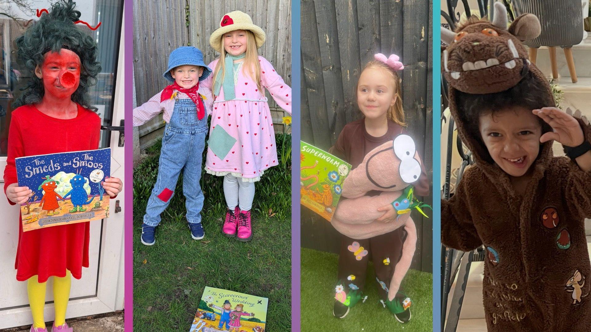 Four images of children dressed in costumes from Julia Donaldson books.