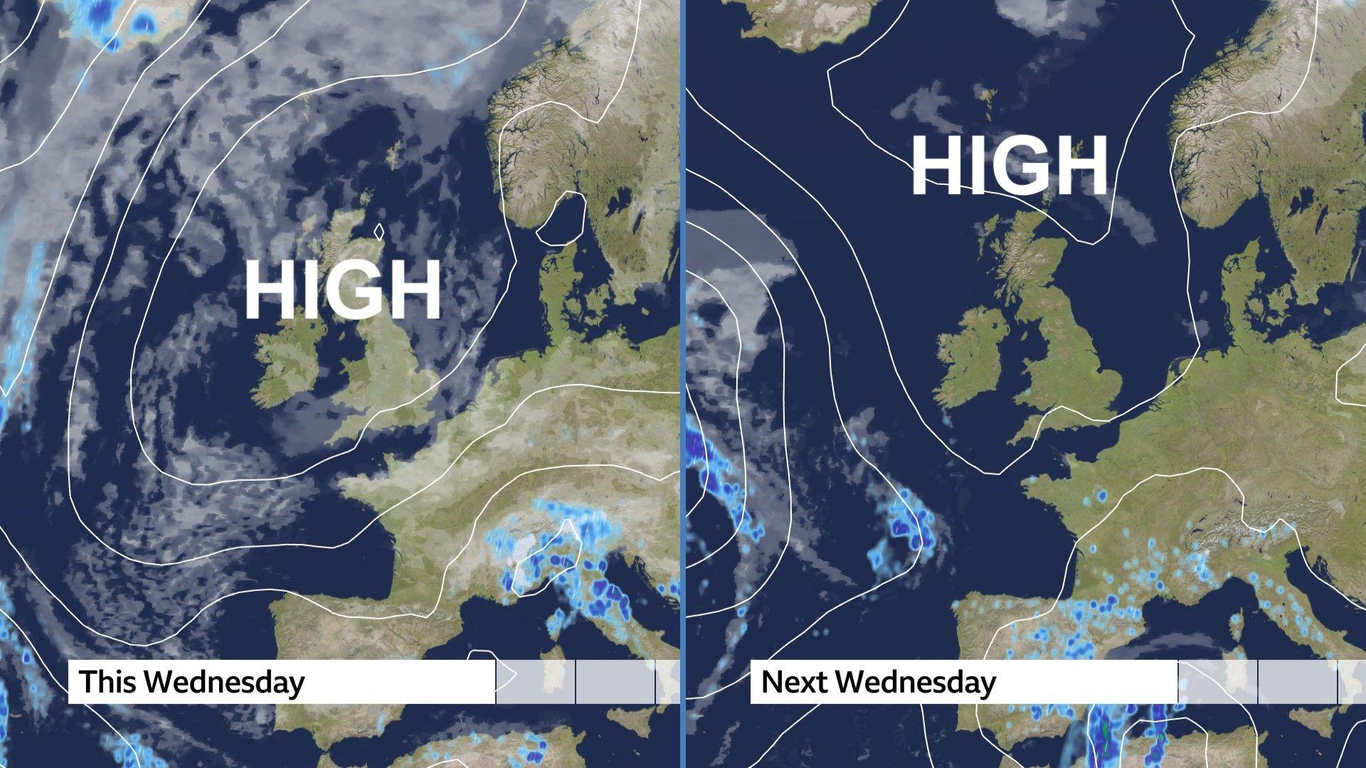 Two pressure charts showing high pressure centred over the UK this Wednesday and next Wednesday.