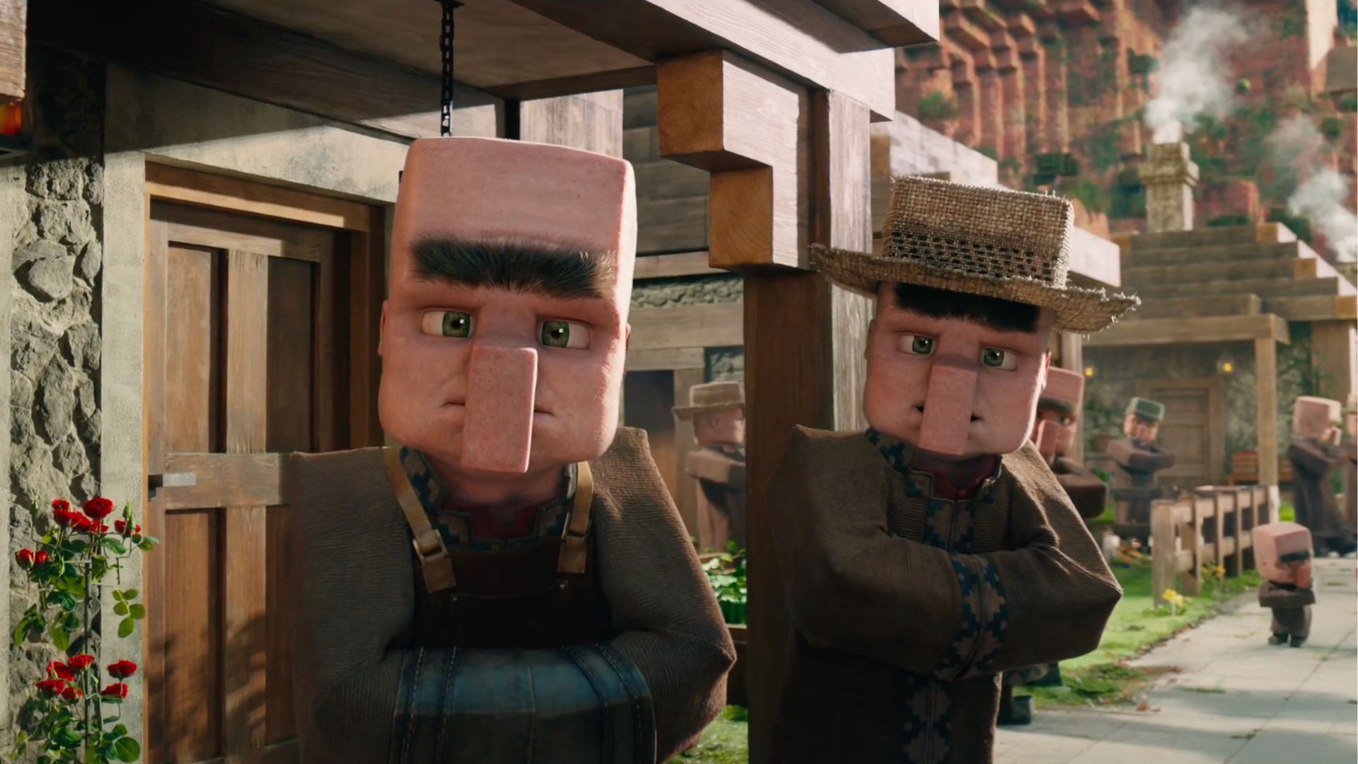 an image showing two villagers with long blocky noses and monobrows outside blocky looking houses