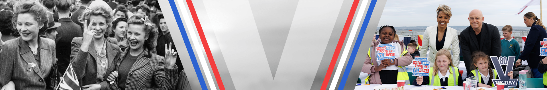 A banner showing people celebrating for VE Day, one is black and white and the other is in colour.