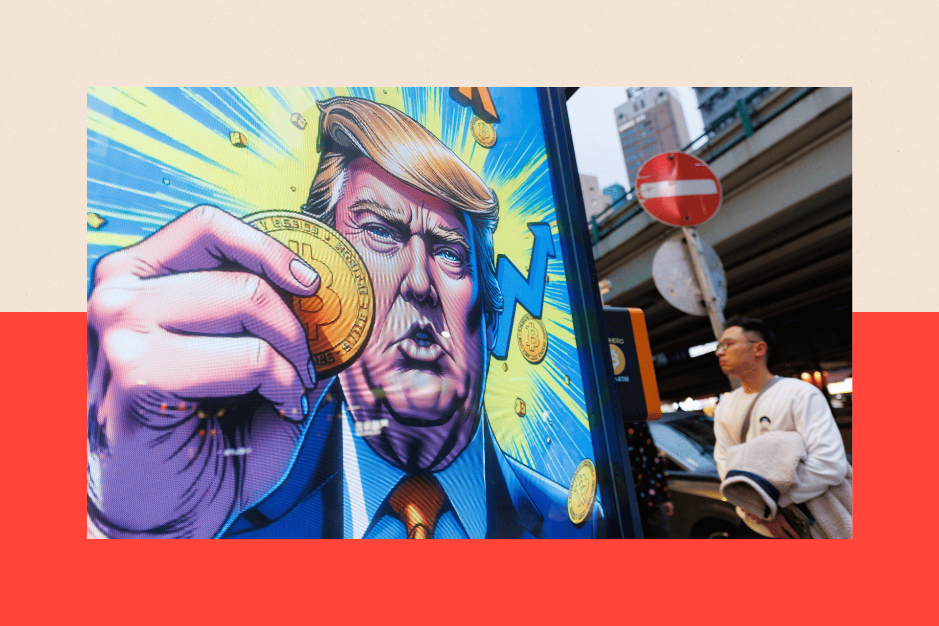 A billboard showing a cartoon of Trump holding a Bitcoin