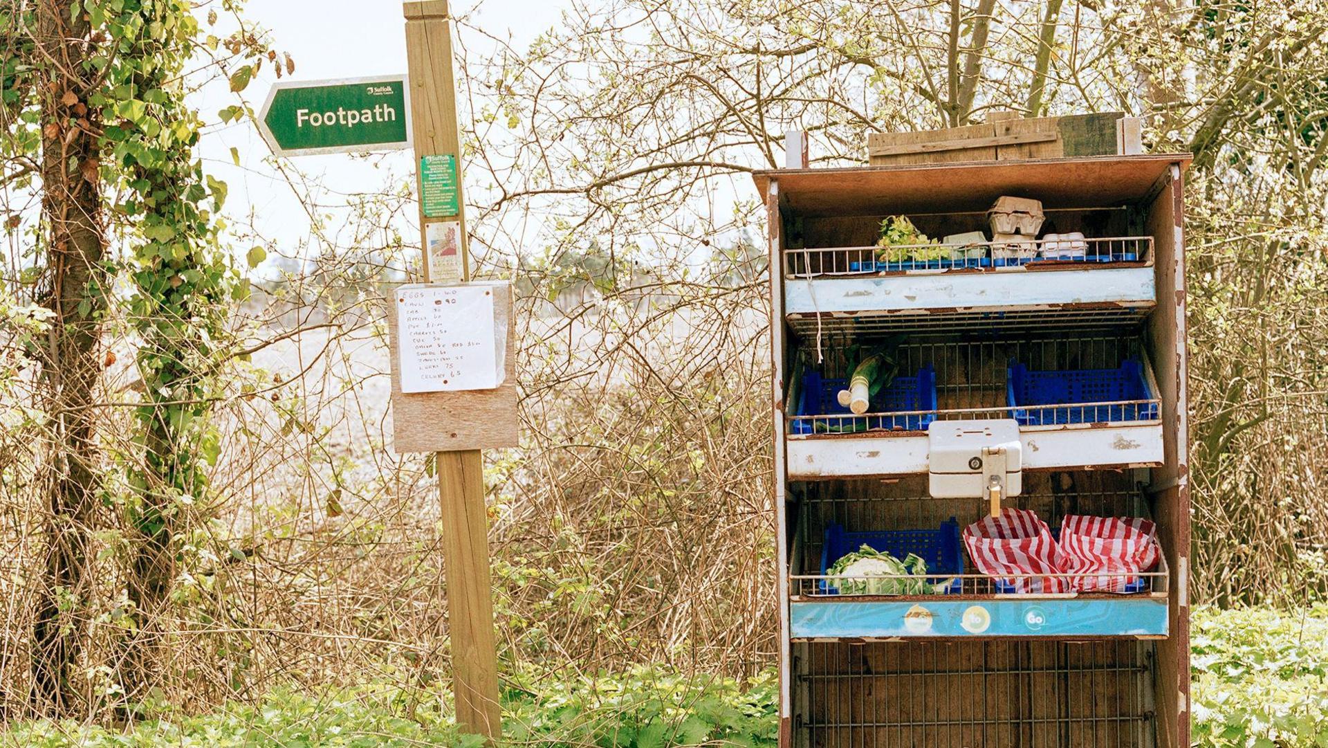 A small, shelved honesty box containing eggs, leeks and a cauliflower, and with a cash box fixed to the front, stands next to a footpath sign in what appears to be a rural setting.