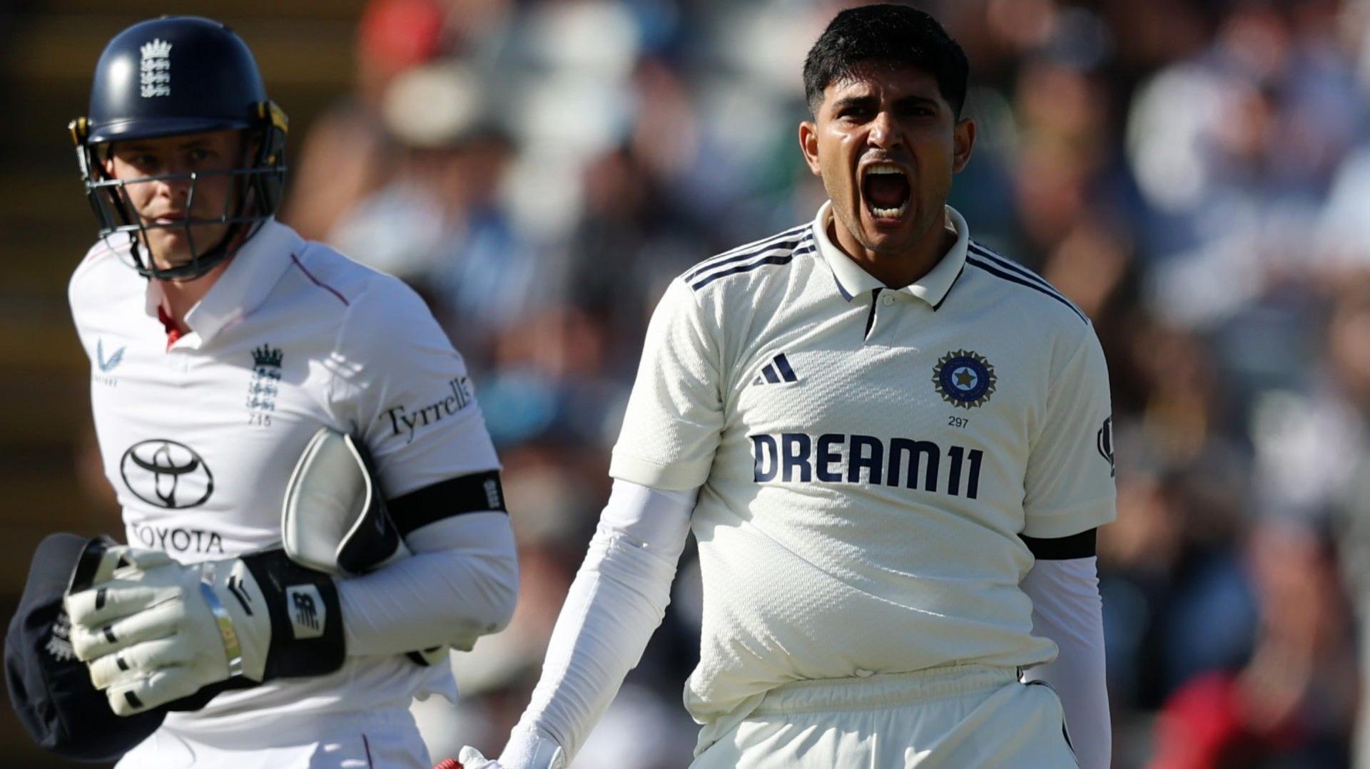 Shubman Gill roars with delight after reaching his century, with England wicketkeeper Jamie Smith watching on