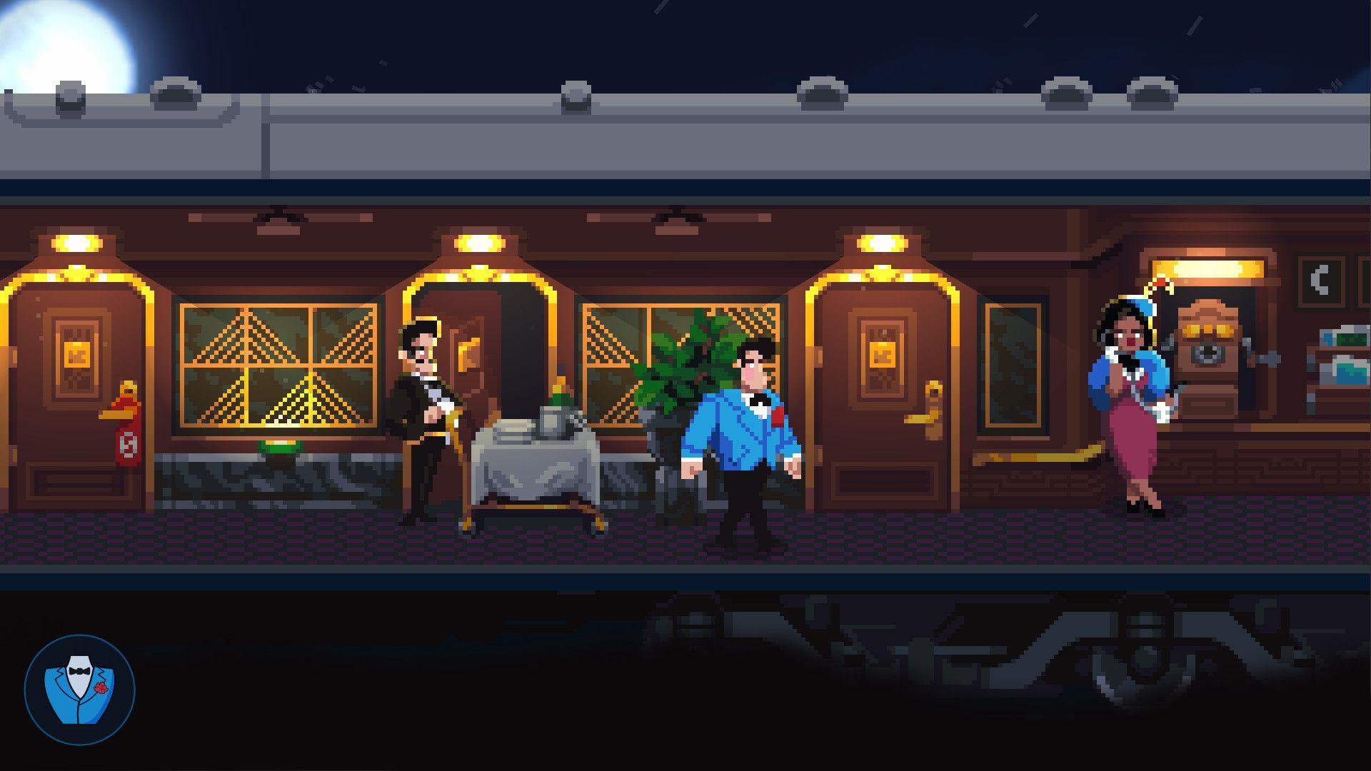 Screen shot shows a pixel-art scene on board an opulent vintage train carriage. One character in a black dinner jacket sits at a dining table, and a woman dressed in 50s style clothing leans against a wall as she speaks on an old-style corded telephone. A man in a bright blue dinner jacket strolls purposely up the carriage.