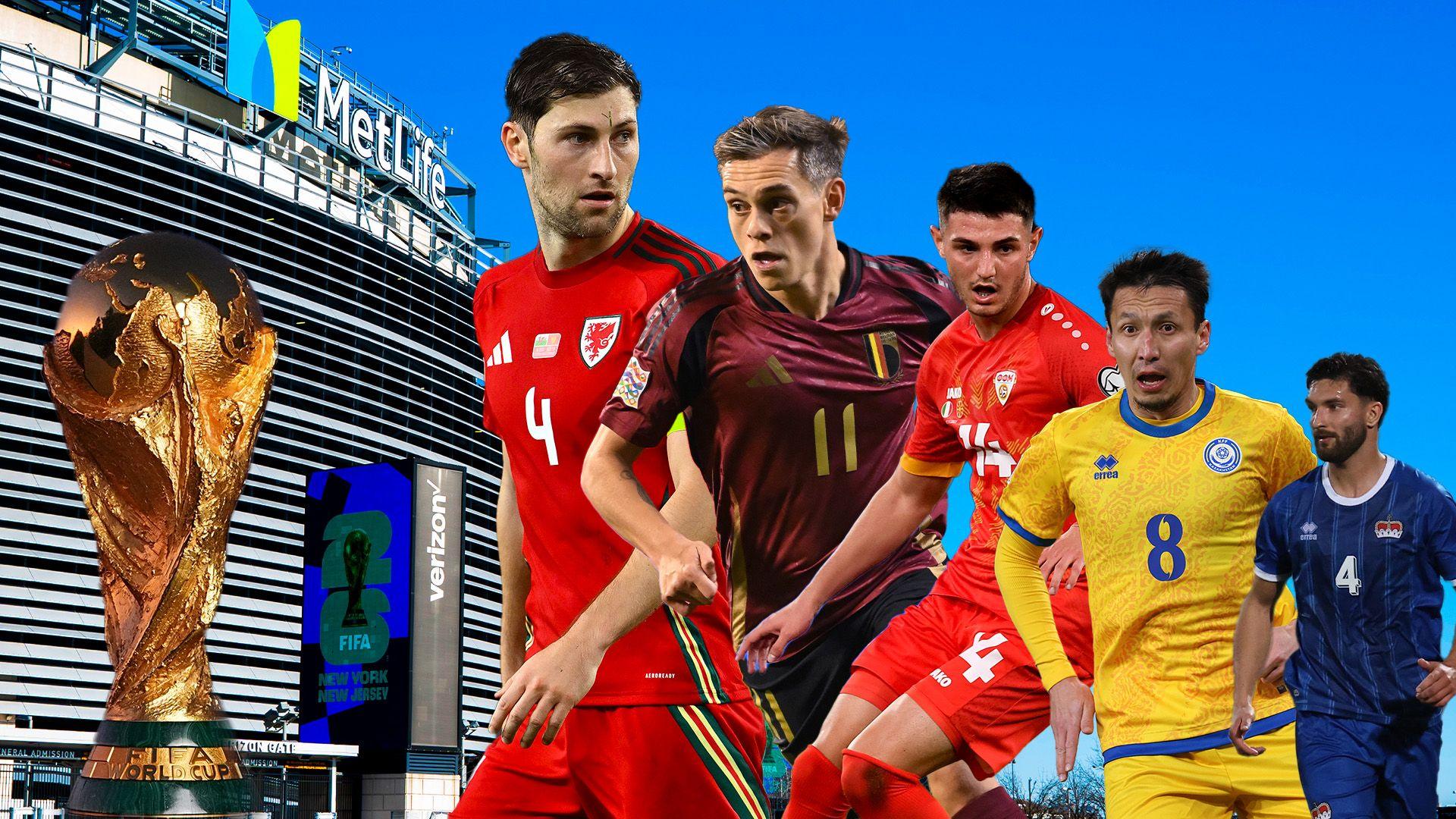 A montage of the World Cup trophy, the MetLife Stadium, Wales' Ben Davies and players from Wales' qualifying group rivals