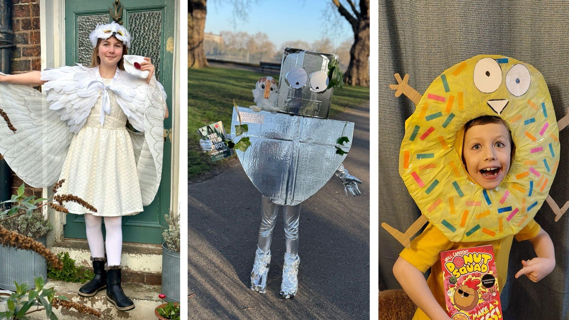 A girl dressed as a white snowy owl, a girl dressed as a shiny silver robot and a boy dressed as a yellow doughnut with sprinkles on it.