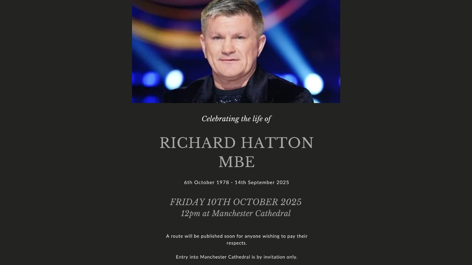 The social media announcement of details for Ricky Hatton's funeral.
