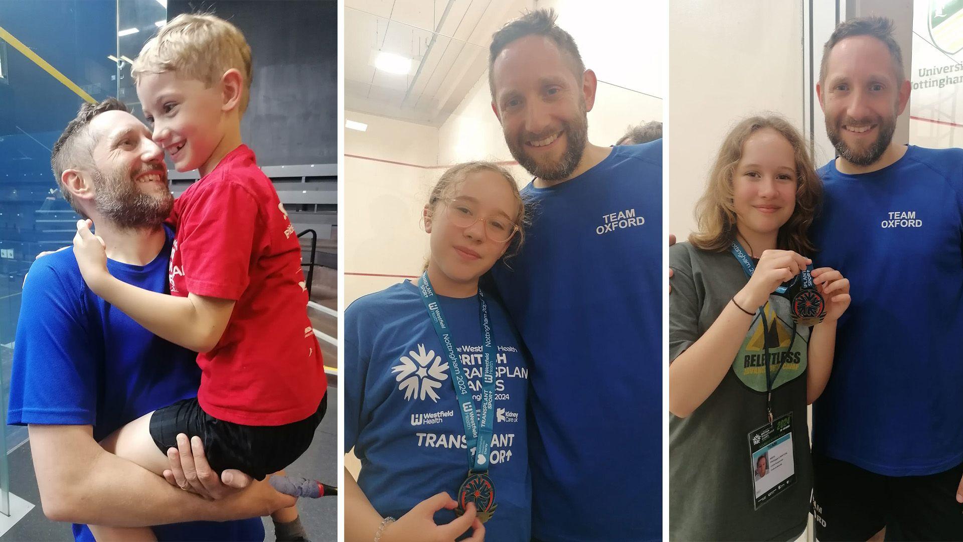 James Lawton and, in three pictures together, him holding up his son (in the first picture), and his with his two daughters in the middle and furthest right picture.