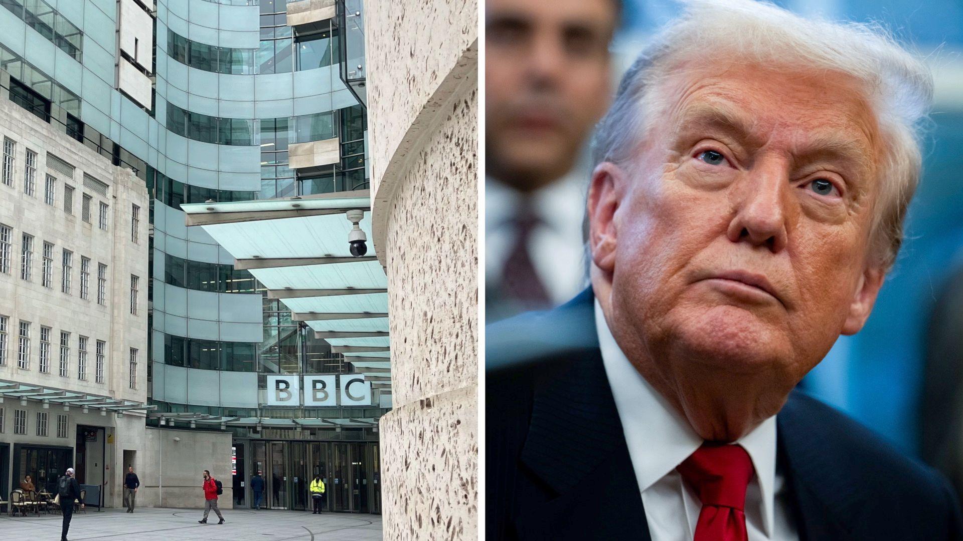A composite of the exterior of Broadcasting House on the left, and Donald Trump on the right