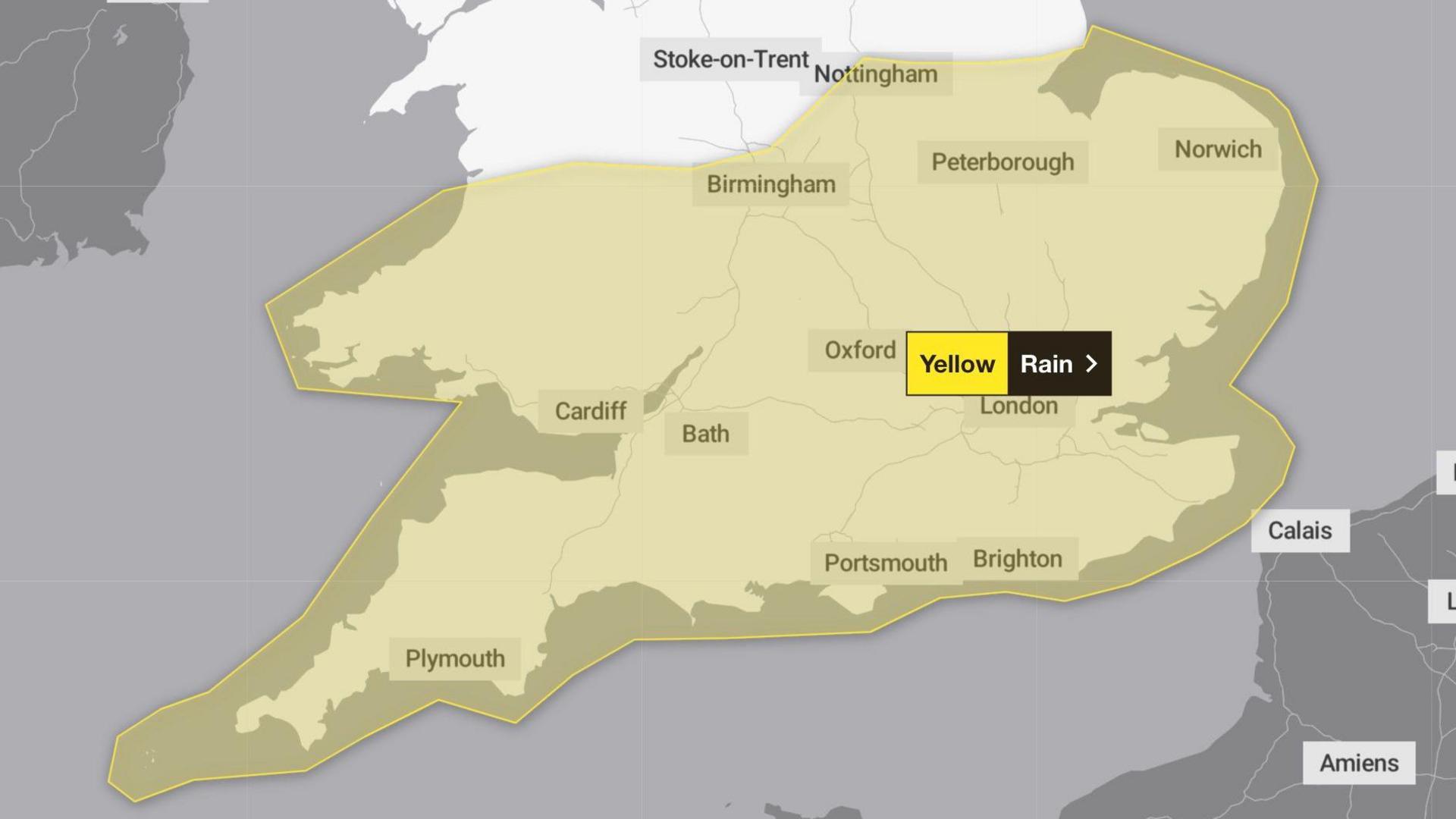 Map of the UK showing the yellow warning for rain. The entire south coast is covered, as is the east, parts of south wales and parts of the Midlands. 