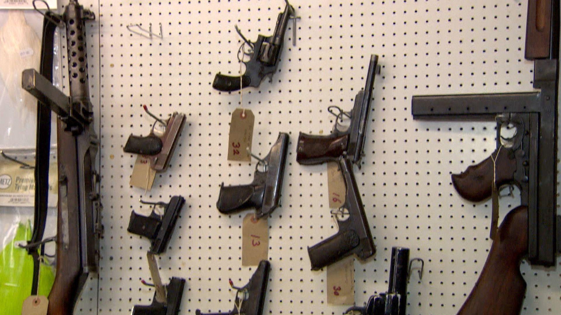 Picture of guns displayed in a gun shop.
There are eleven guns hanging from a wall, most are hand guns but there are two large rifle-type guns on either side of the wall