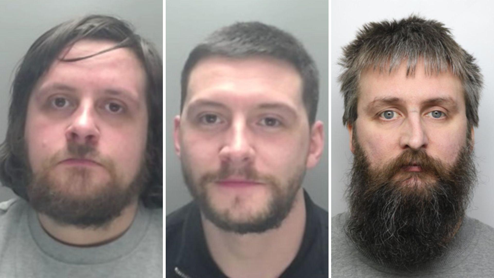 Mugshots of the Sowerby brothers. From left to right are: Christopher, with shoulder length dark hear and a beard, Ian with a short dark beard and short dark hair and Shaun, with unkempt grey hair and a very long and straggly dark beard