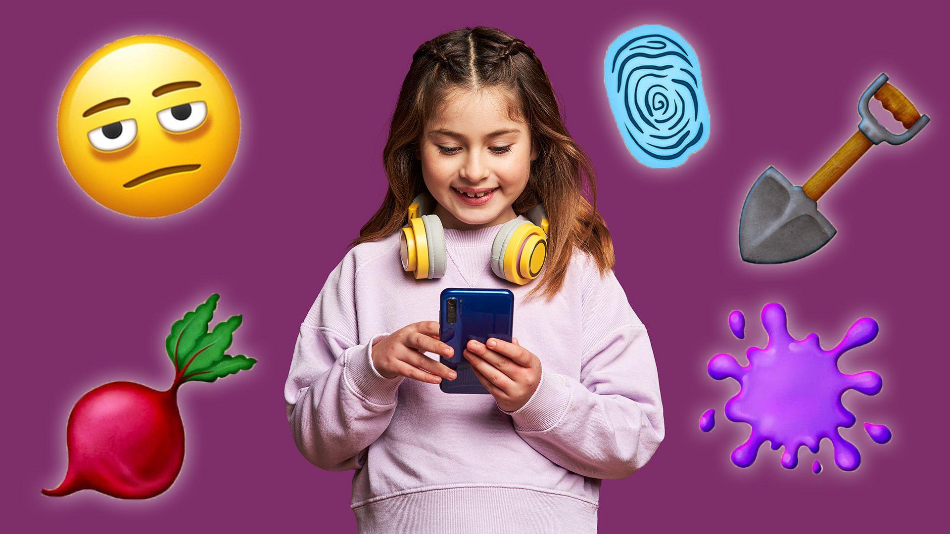 Girl on her phone with five of the new emojis in the background. Turnip, purple splat, shovel, fingerprint and a face with under eye bags