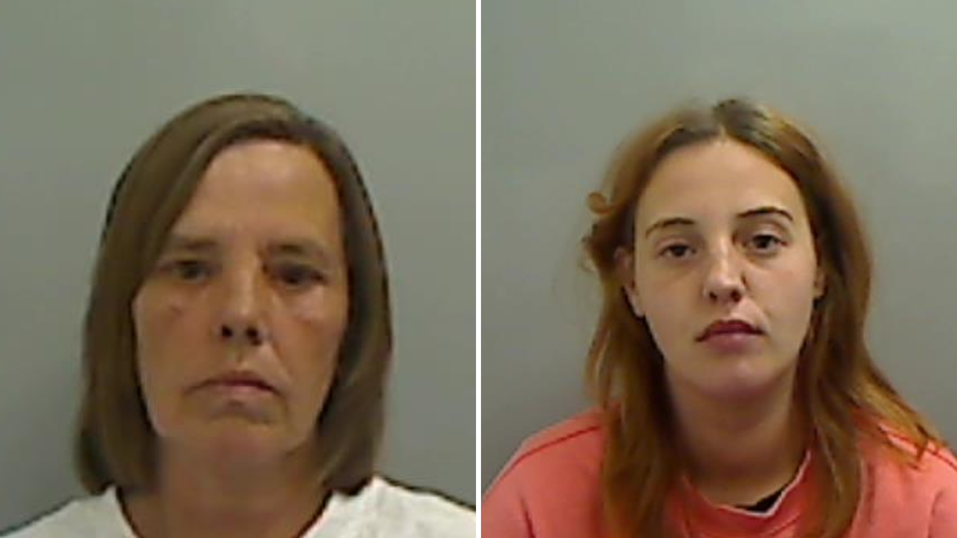 Two mugshots, one of Amanda Walton, an woman with brown short hair and the other of Megan Davison, a younger woman with long ginger hair.