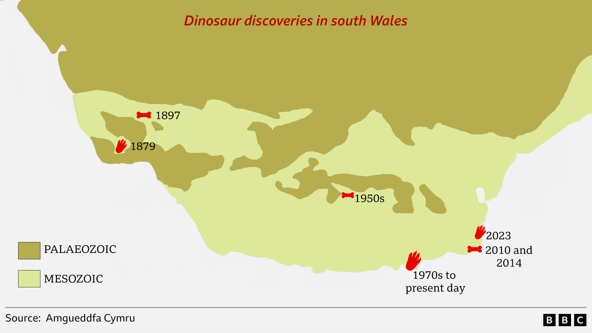 A map showing many of the discoveries in south Wales