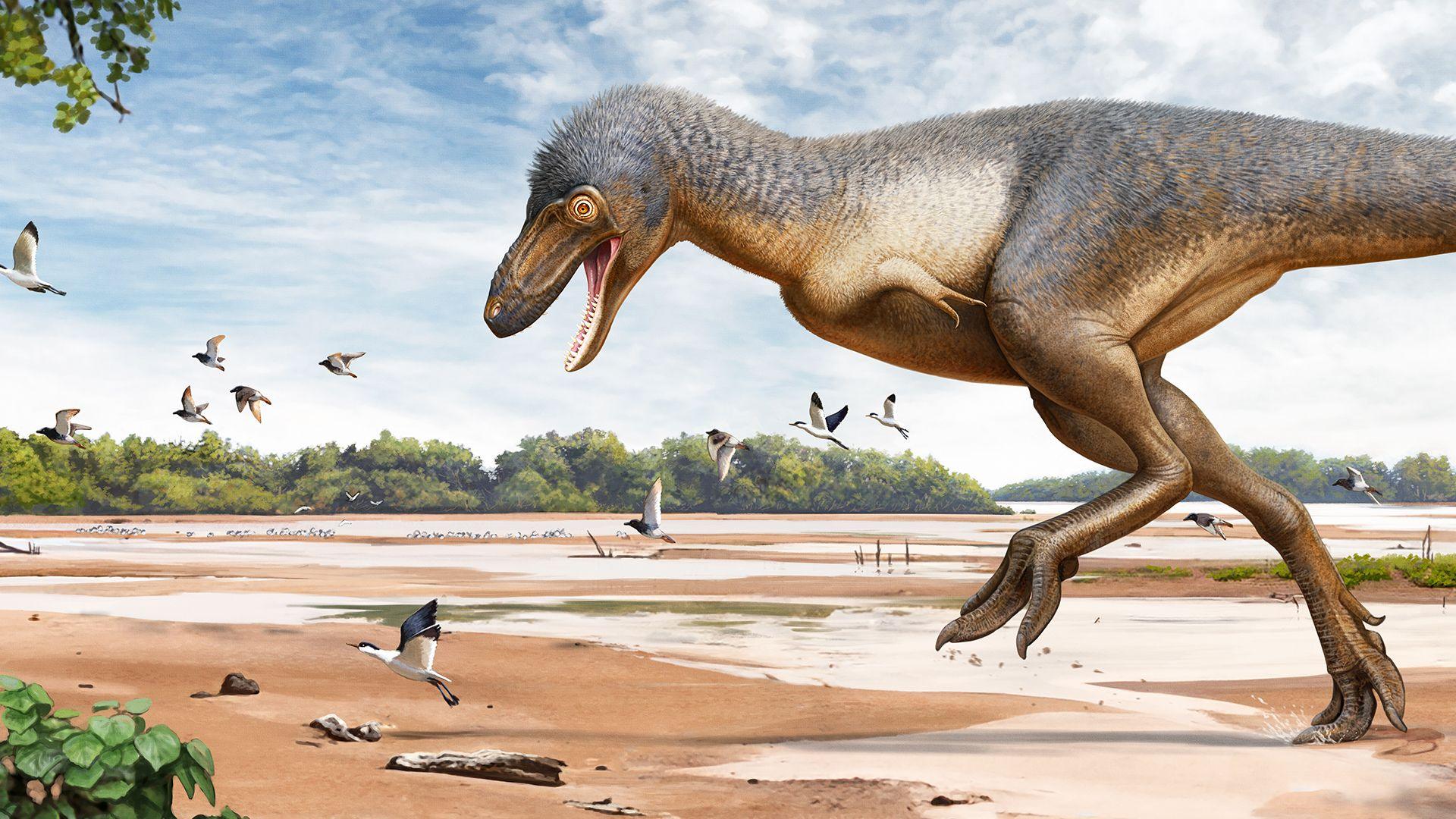 A computer generated artist's impression of a teenage T. rex in a wild landscape