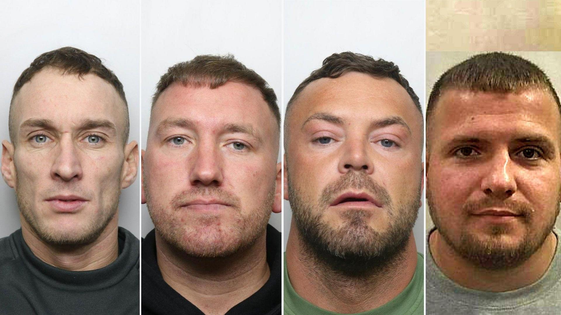 Four mugshots of the men, who have short brown hair and facial hair. 