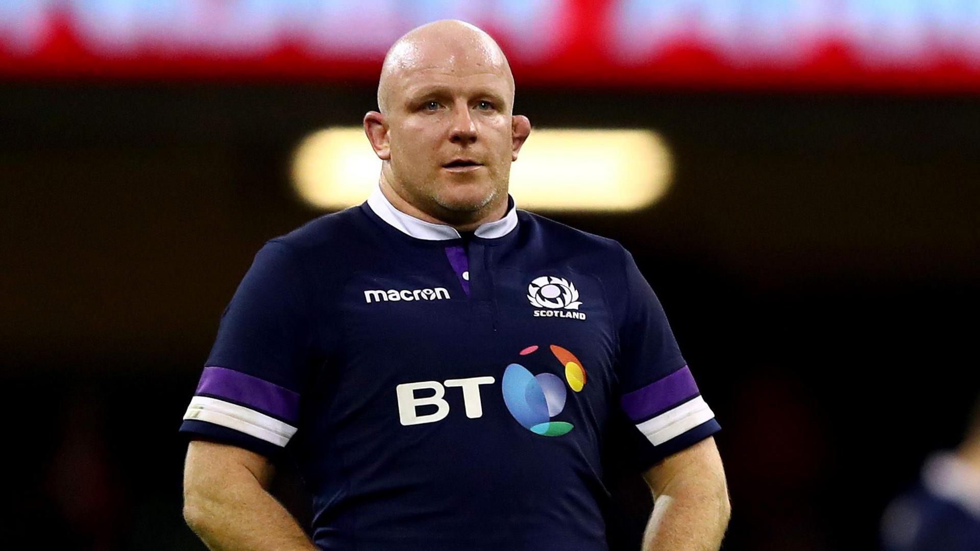 Scott Lawson on the pitch at the end of a Six Nations match for Scotland in 2018