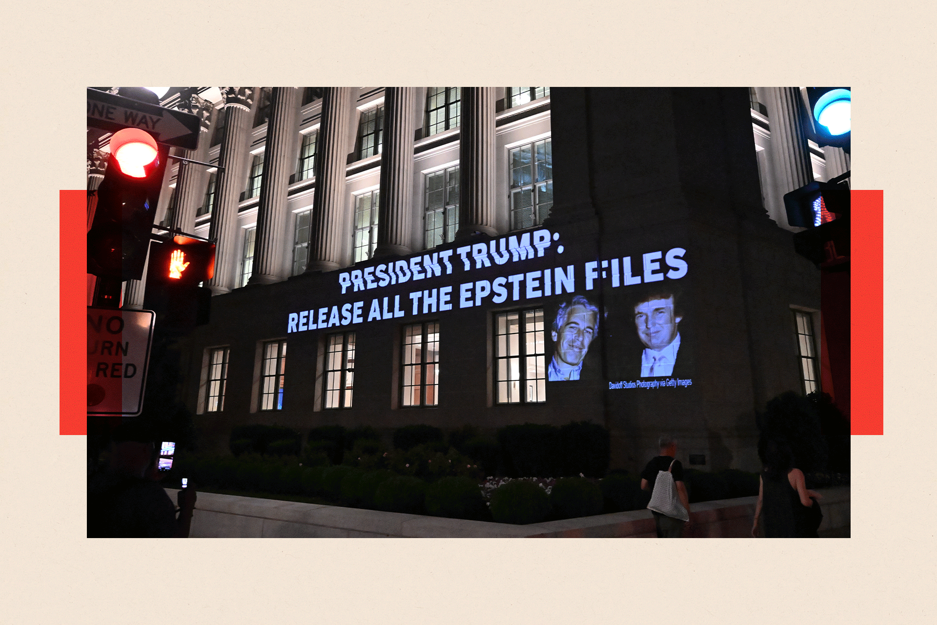 A message calling on President Donald Trump to release all files related to Jeffrey Epstein is projected by an activist group onto the US Chamber of Commerce building