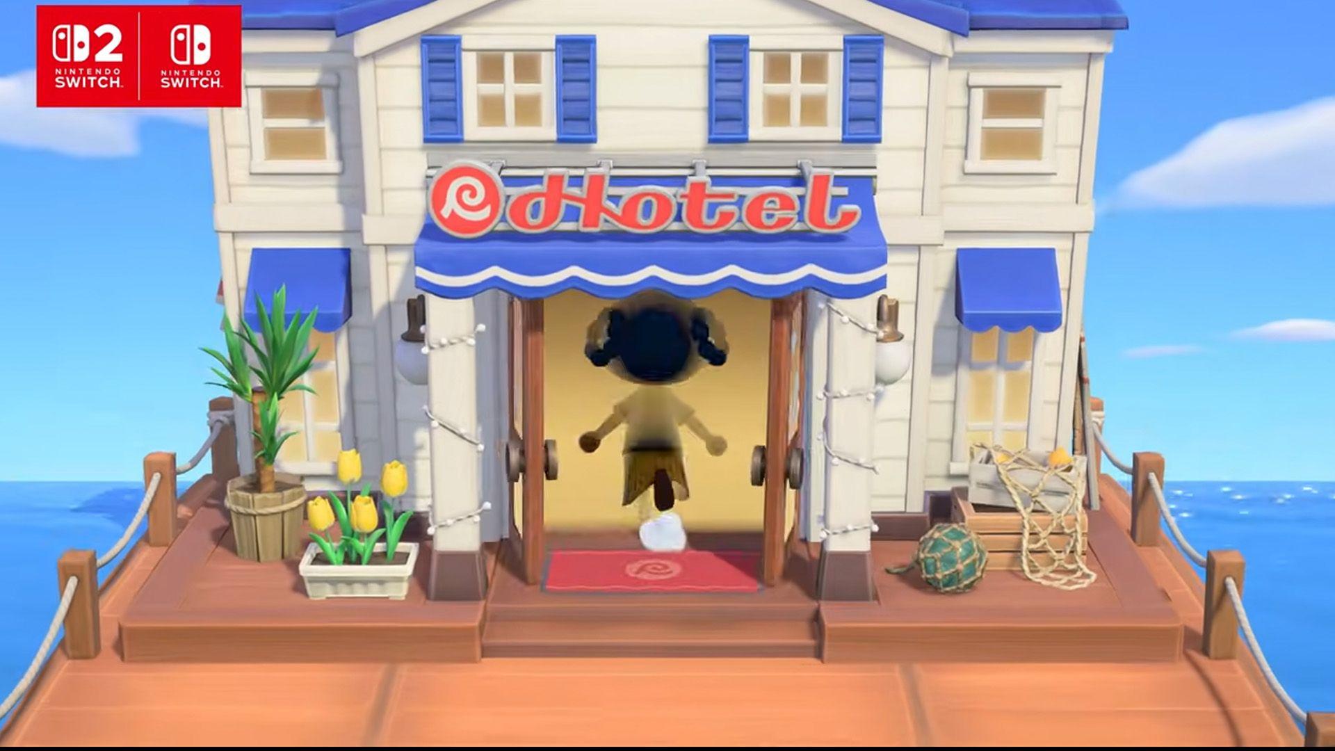 Gameplay footage of an Animal Crossing character runs into a blue and white hotel on a pier on the water