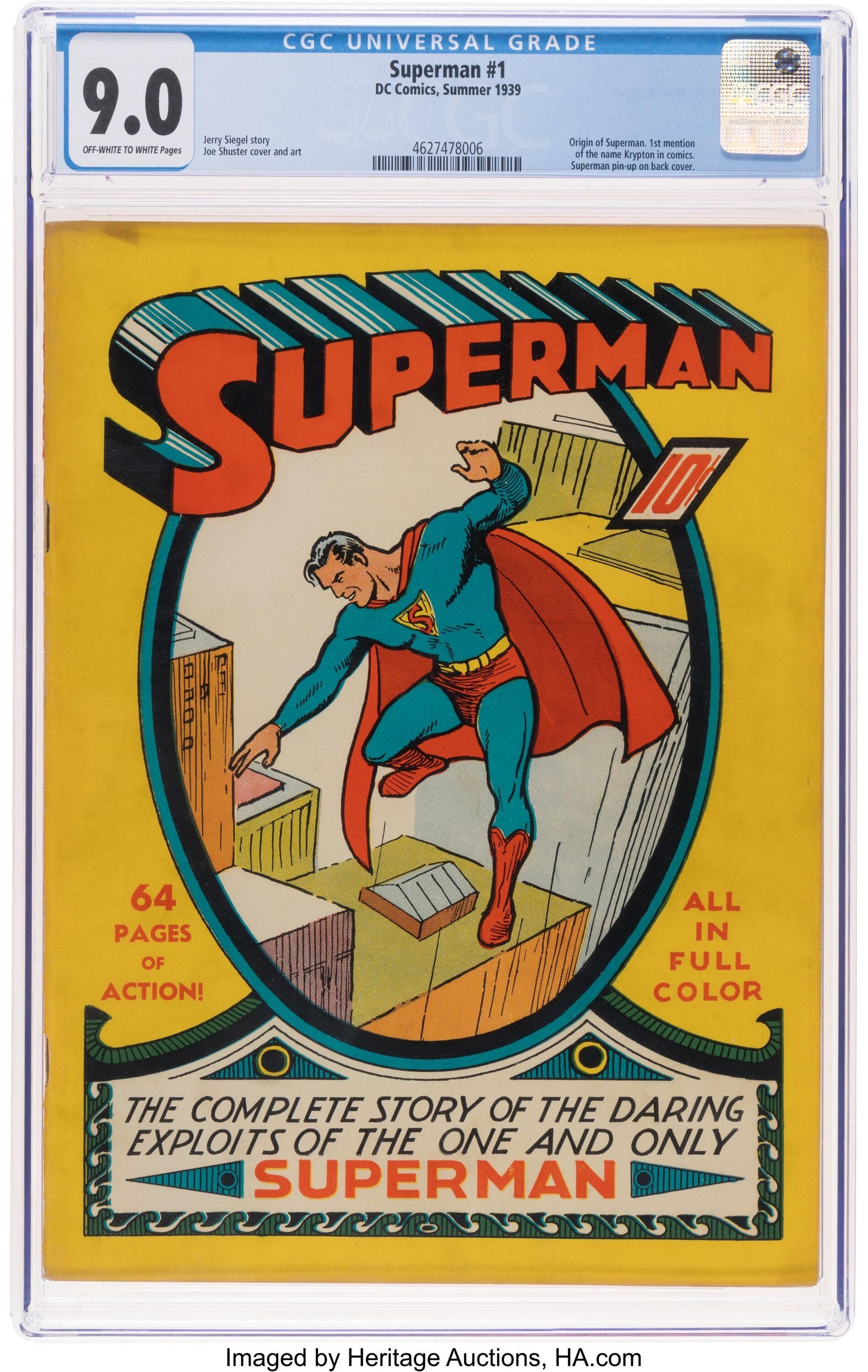 view of the Superman #1 comic book's front cover, showing Superman flying over city skyscrapers