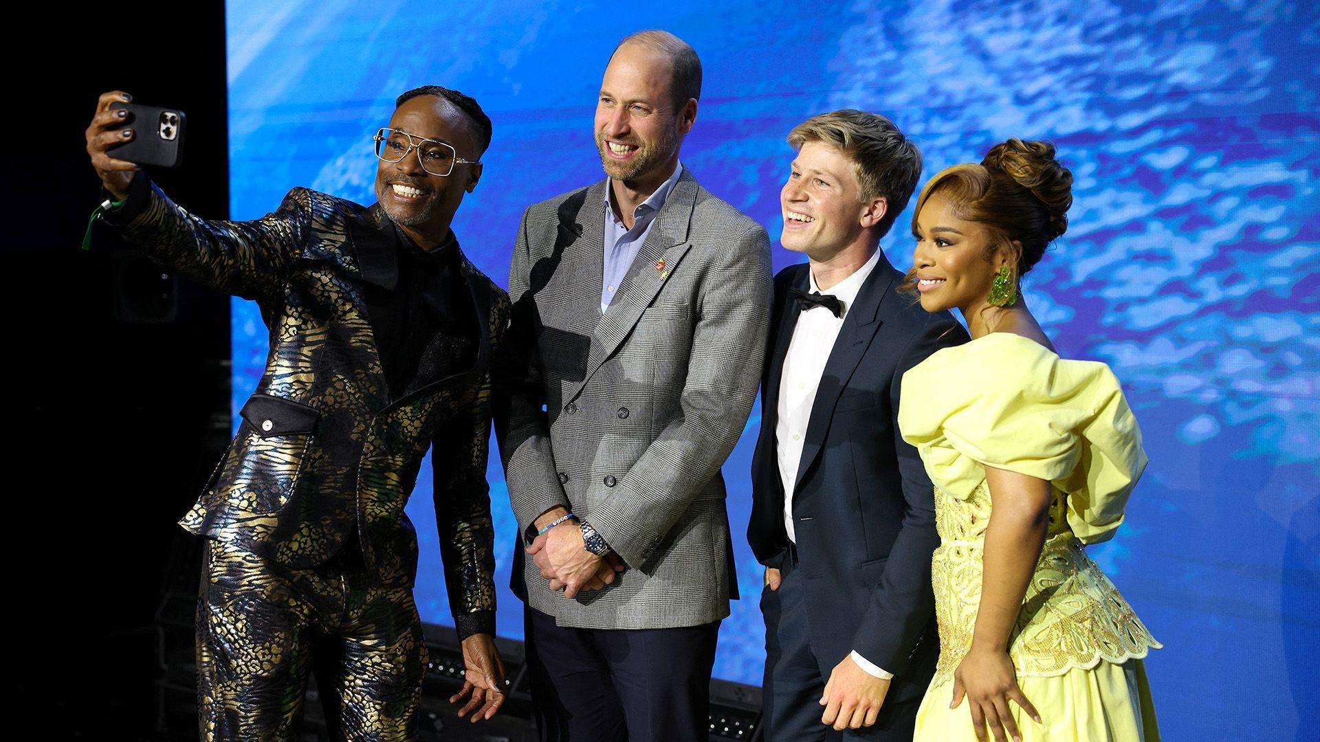 U.S. actor Billy Porter takes a selfie with Britain's Prince William and Earthshot ambassadors Nomzamo Mbatha and Robert Irwin during the 2024 Earthshot Prize awards ceremony in Cape Town,