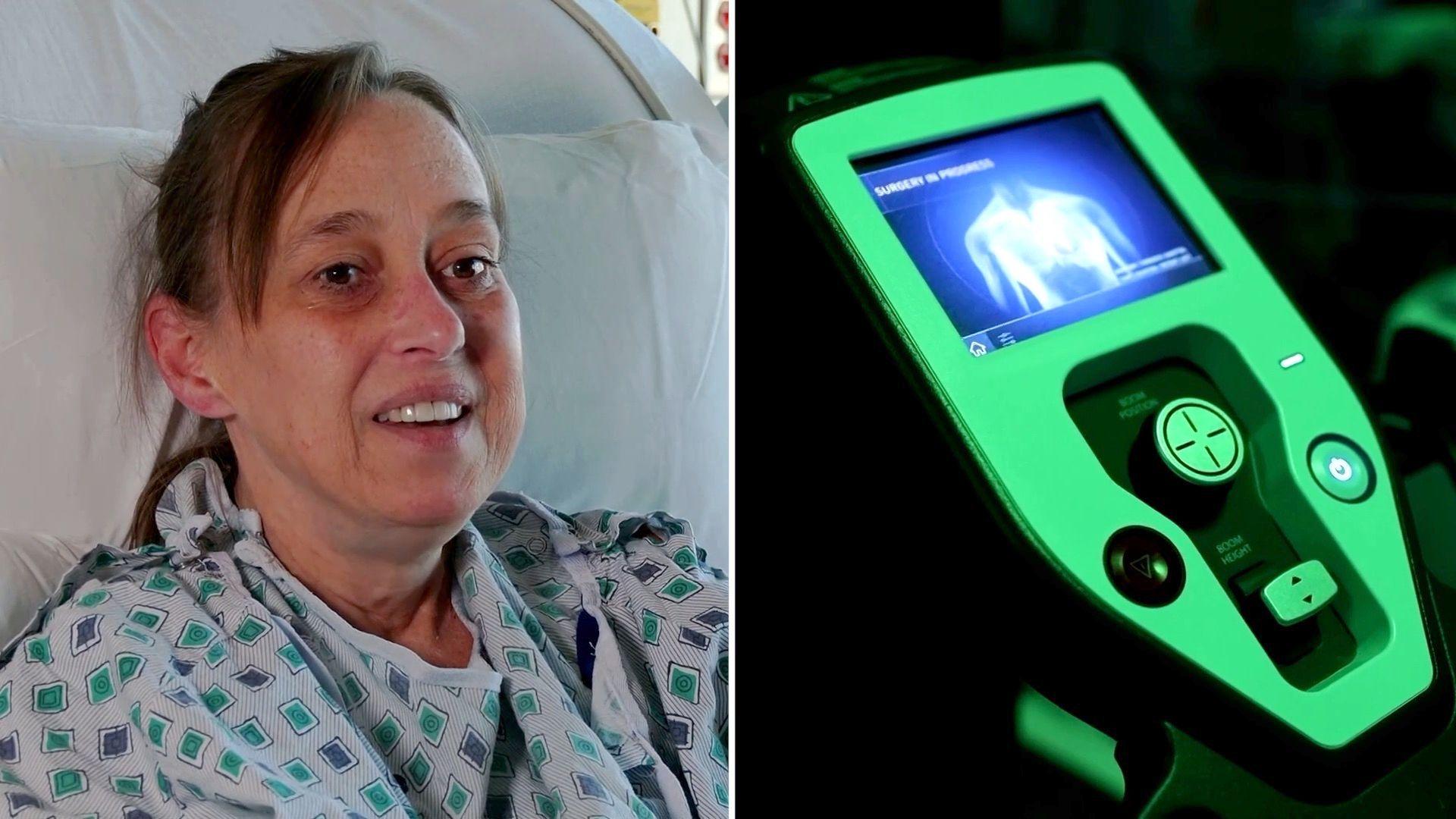 A woman in a hospital gown grins on the left and a monitor lit up with lungs is on the right of a split screen.