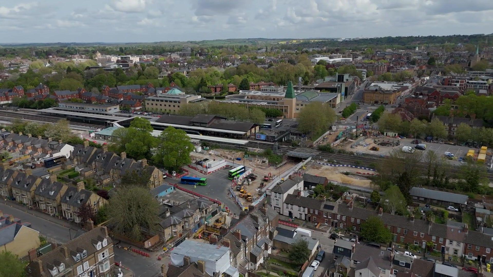 An aerial shot of Oxford, with the centre consisting of a large area of road works.