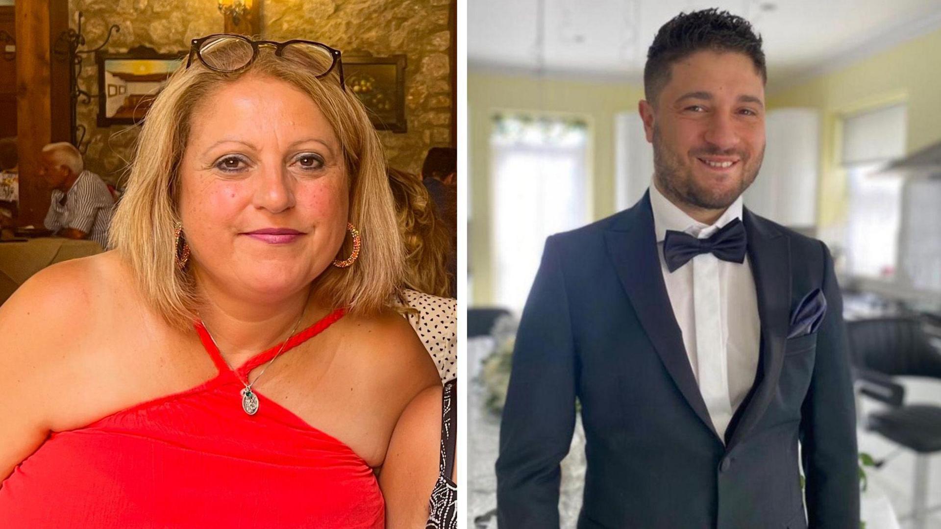 Maria Ricotta is wearing a red dress and appears to be sitting in a restaurant. She has blonde hair and is wearing make-up. To the right is her son Giuseppe Morreale, who is wearing a navy tuxedo and a bow-tie and is standing in a kitchen