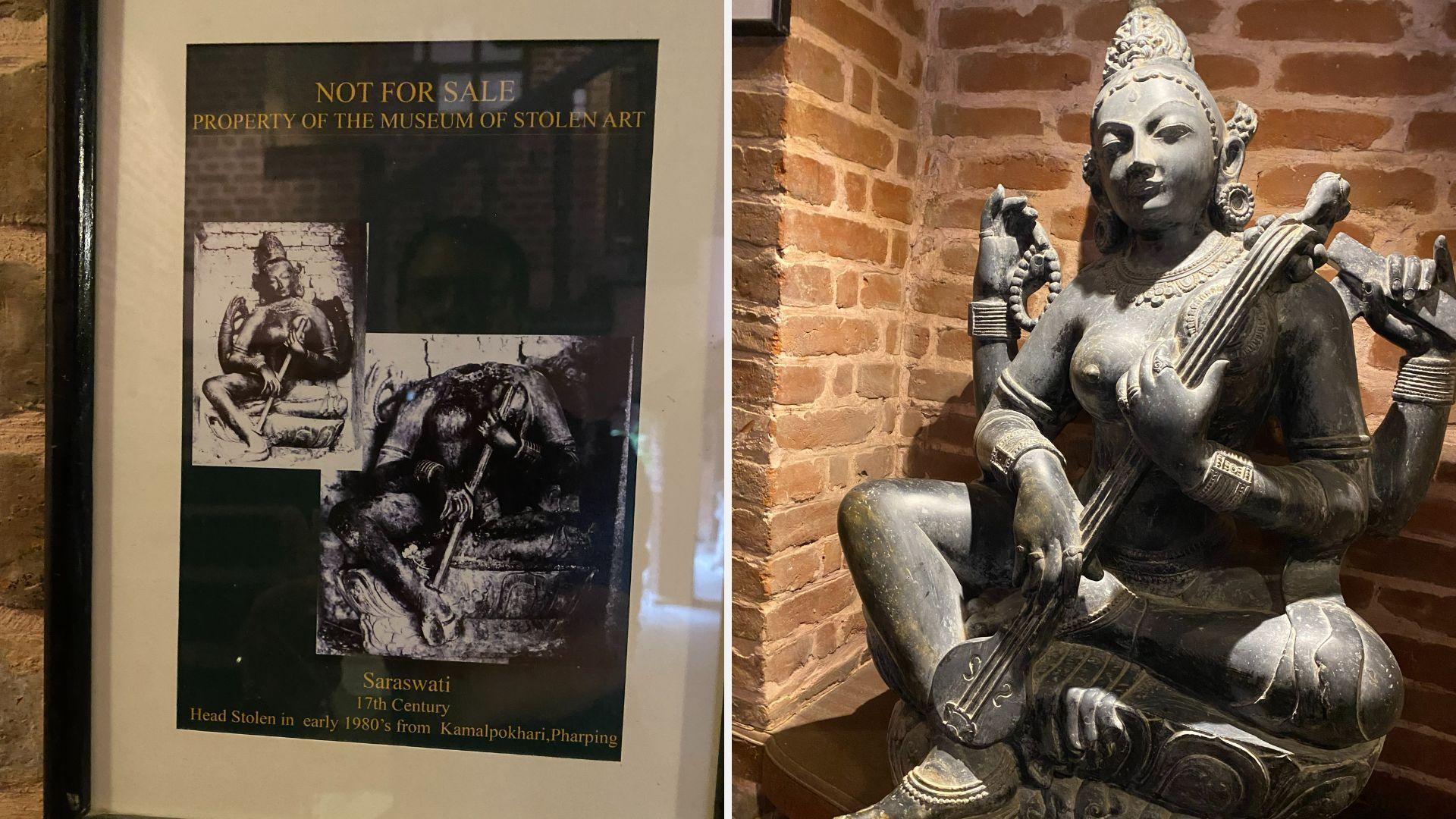 A Saraswati idol replica and a photo showing the original sculpture that was mutilated and its head stolen