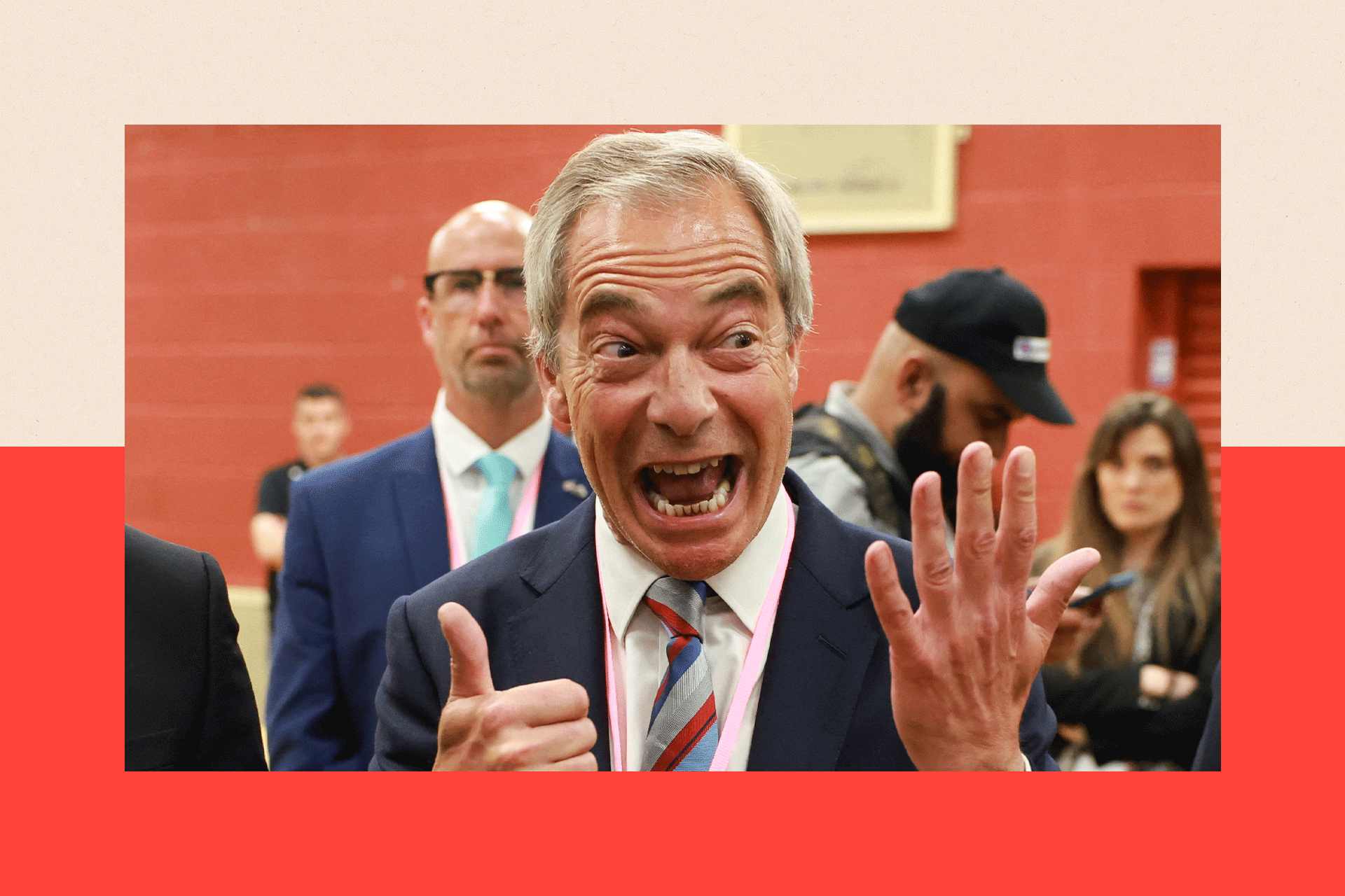 Reform party leader Nigel Farage reacts as the party wins the Runcorn and Helsby by-election