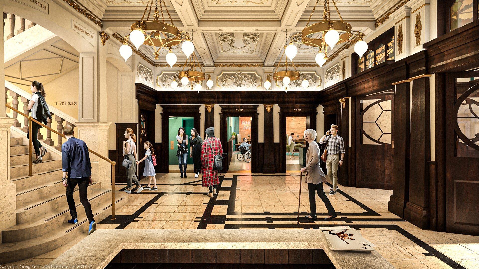 A bright scene with people walking in the foyer of the King's Theatre in Edinburgh.