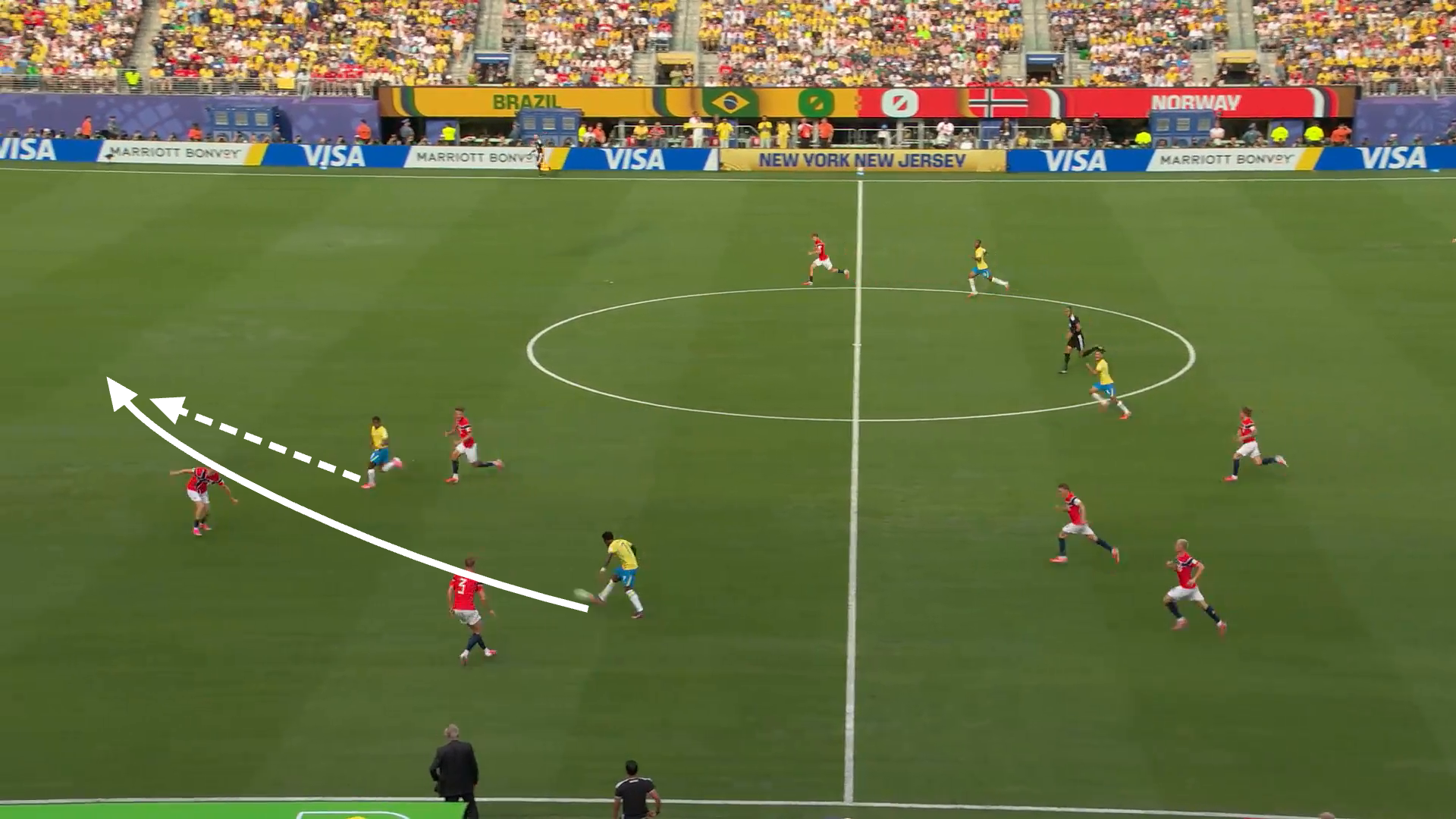 A screen grab of Norway vs Brazil showing Vinicius’ through ball to Endrick during a dangerous counter attack.
