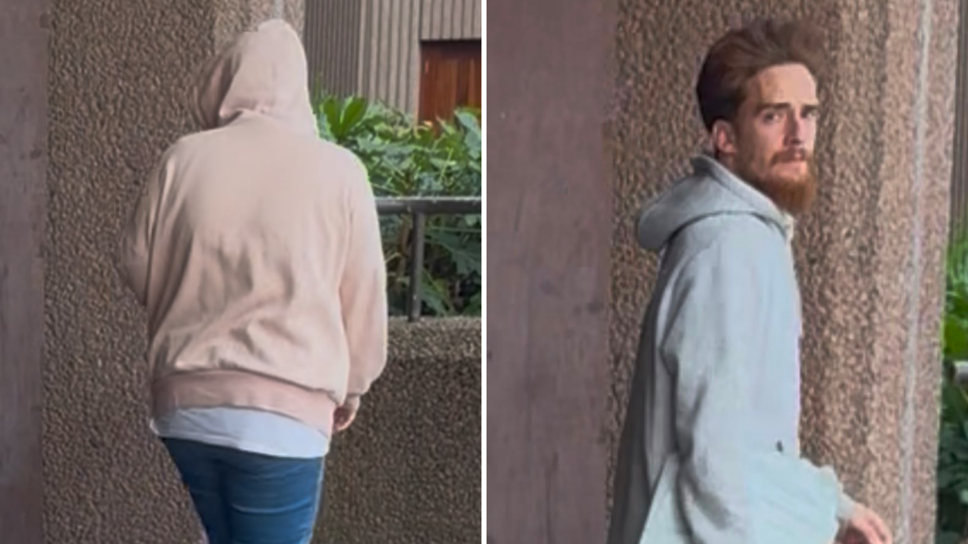 A composite image showing a woman wearing jeans and a pink hoody, who has turned her back to the camera and covered her head with the hood, and a man in his 20s with light brown hair and a ginger beard.