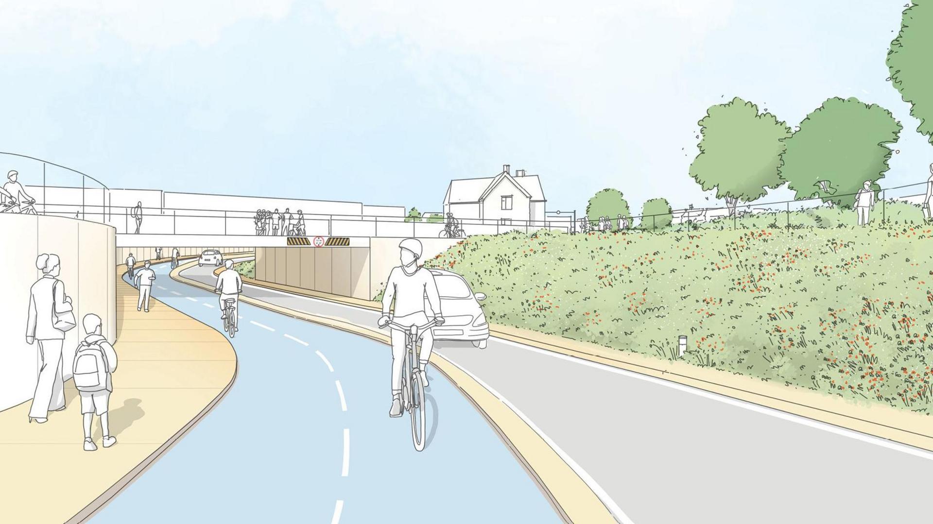 An artist impression of the underpass replacement at the London Road level crossing. People are shown walking and cycling, and a car driving.