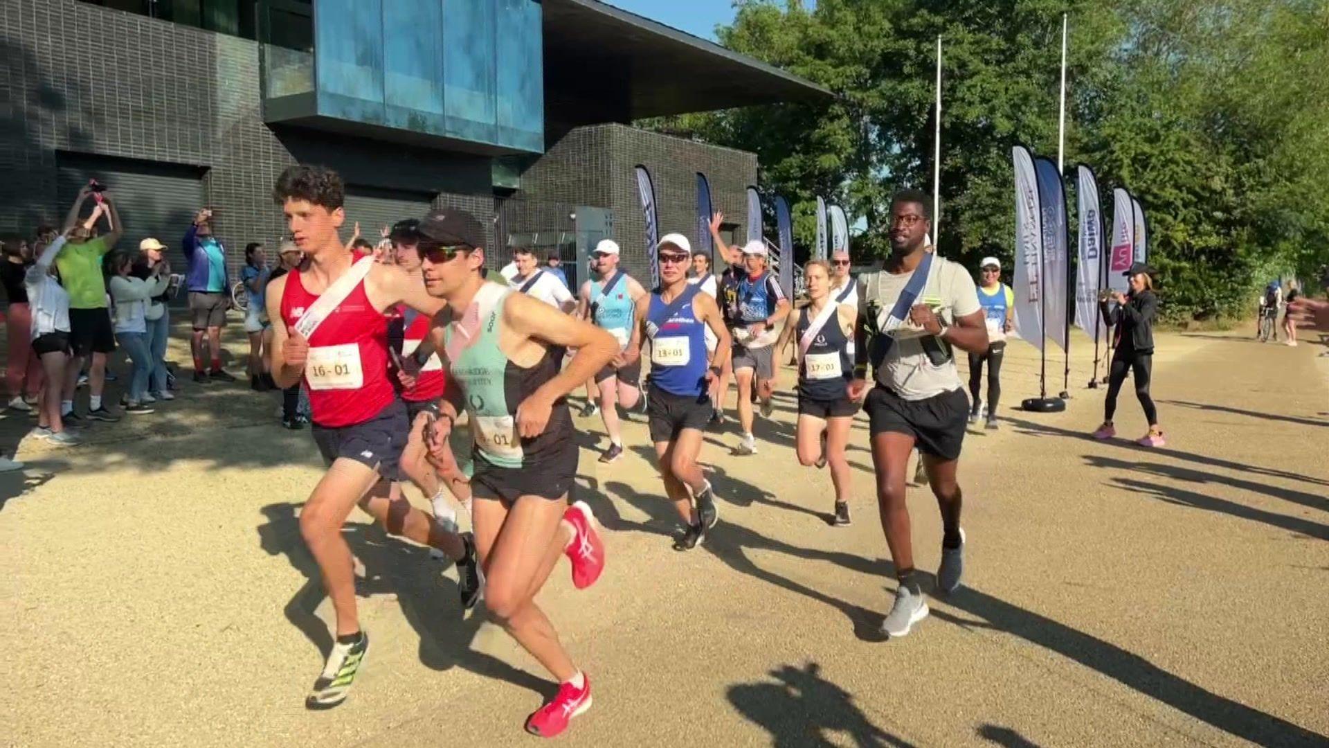 Ekiden starts with a group of about 10 runners departing from sunny Oxford, with residents and media cheering them on from the sidelines