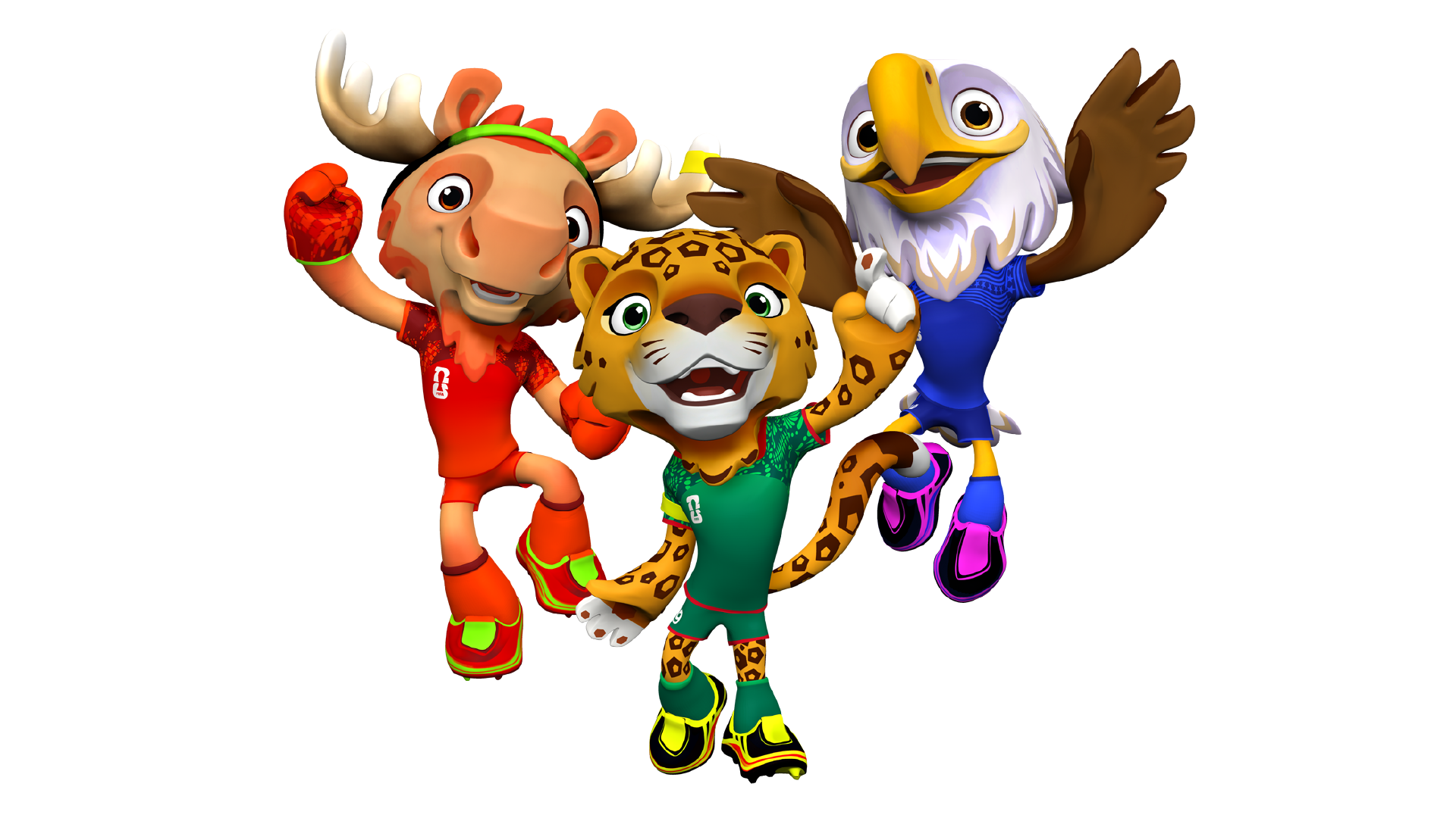 Maple the Moose (Canada), Zayu the Jaguar (Mexico) and Clutch the Bald Eagle (USA).