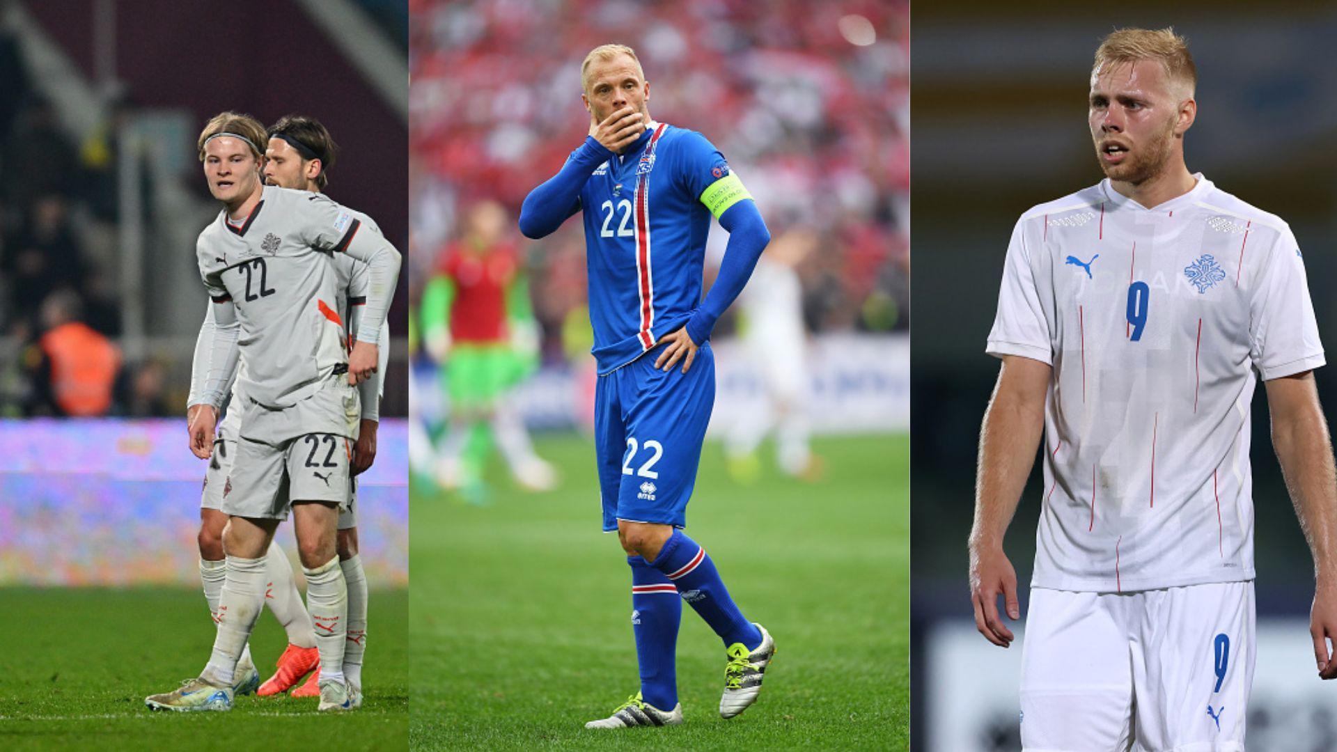 Sveinn and Andri Gudjohnsen both playing in white for Iceland either side of their father Eidur who is also playing for Iceland but in blue. 