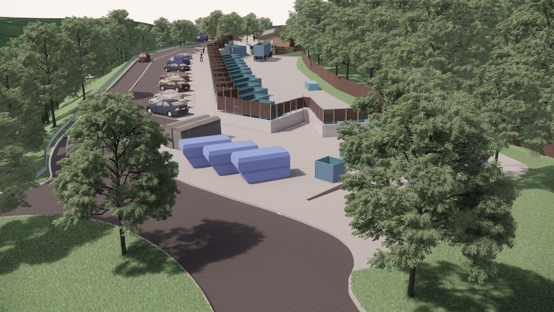 An artist's impression of the planned new waste and recycling centre in Tavistock. It shows a road surrounded by trees and grass and next to the road is space for cars to park, behind that are large bins at a lower level with space for lorries to come in and take them away.