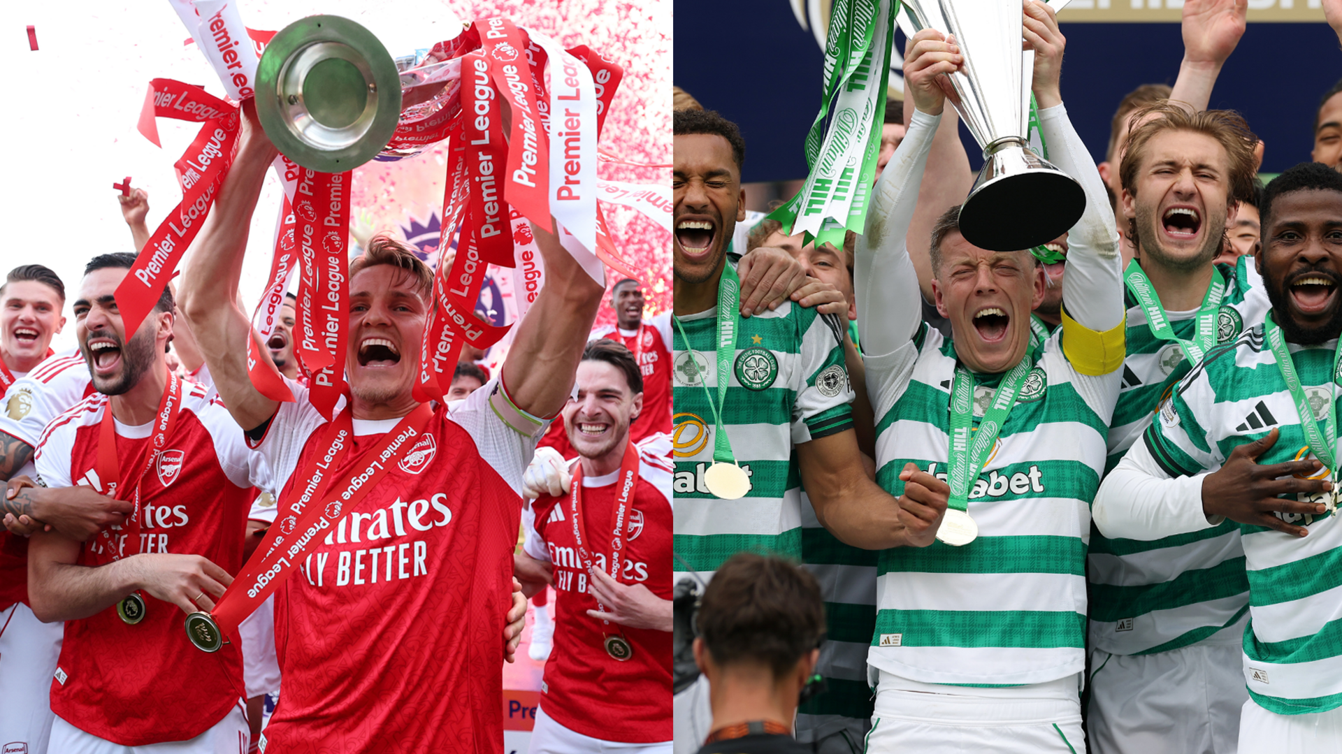 Martin Odegaard lifts the Premier League trophy for Arsenal and Callum McGregor lifts the Scottish Premiership trophy for Celtic