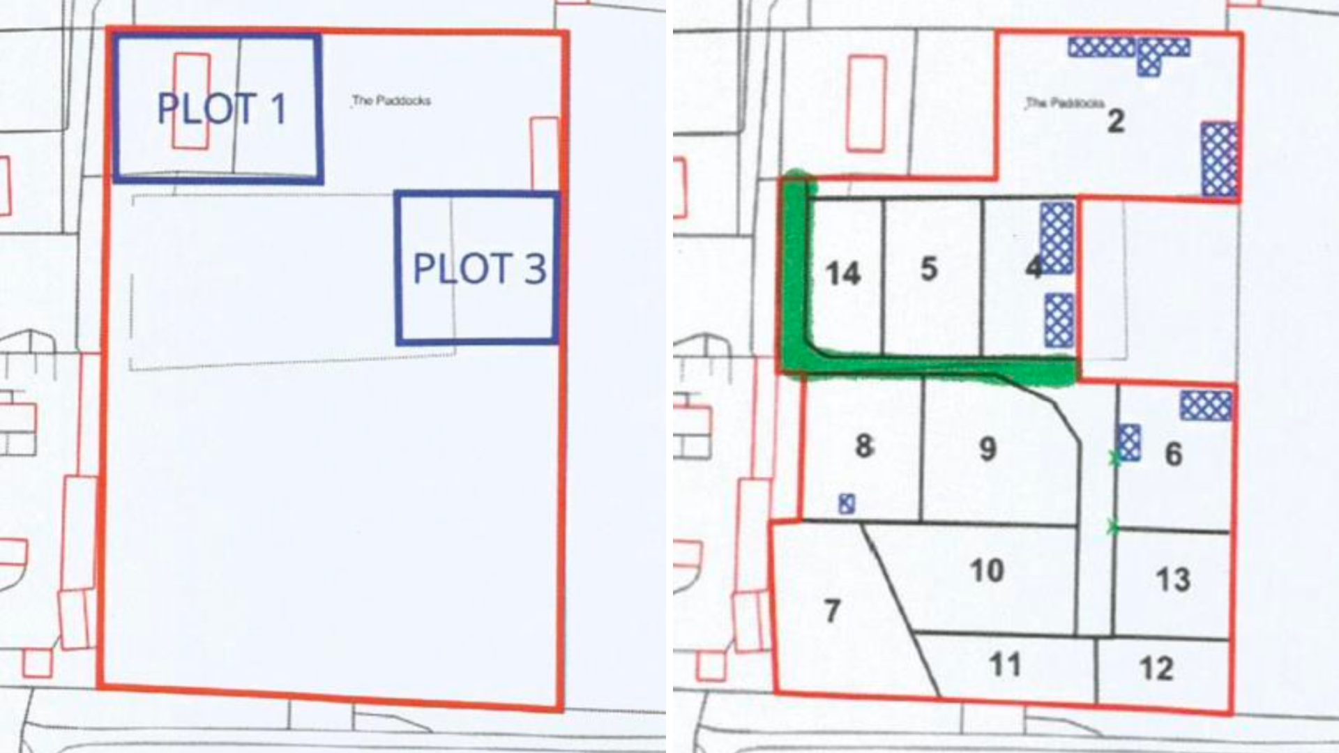 A composite image showing two plans of the Newlands Road caravan site side by side. The entire field on the plan is edged in red, with a blue rectangle drawn into the top left corner, which has 'PLOT 1' written inside. On the right-hand side, around a quarter of the way down that edge, is another blue rectangle with 'PLOT 3' written inside. 