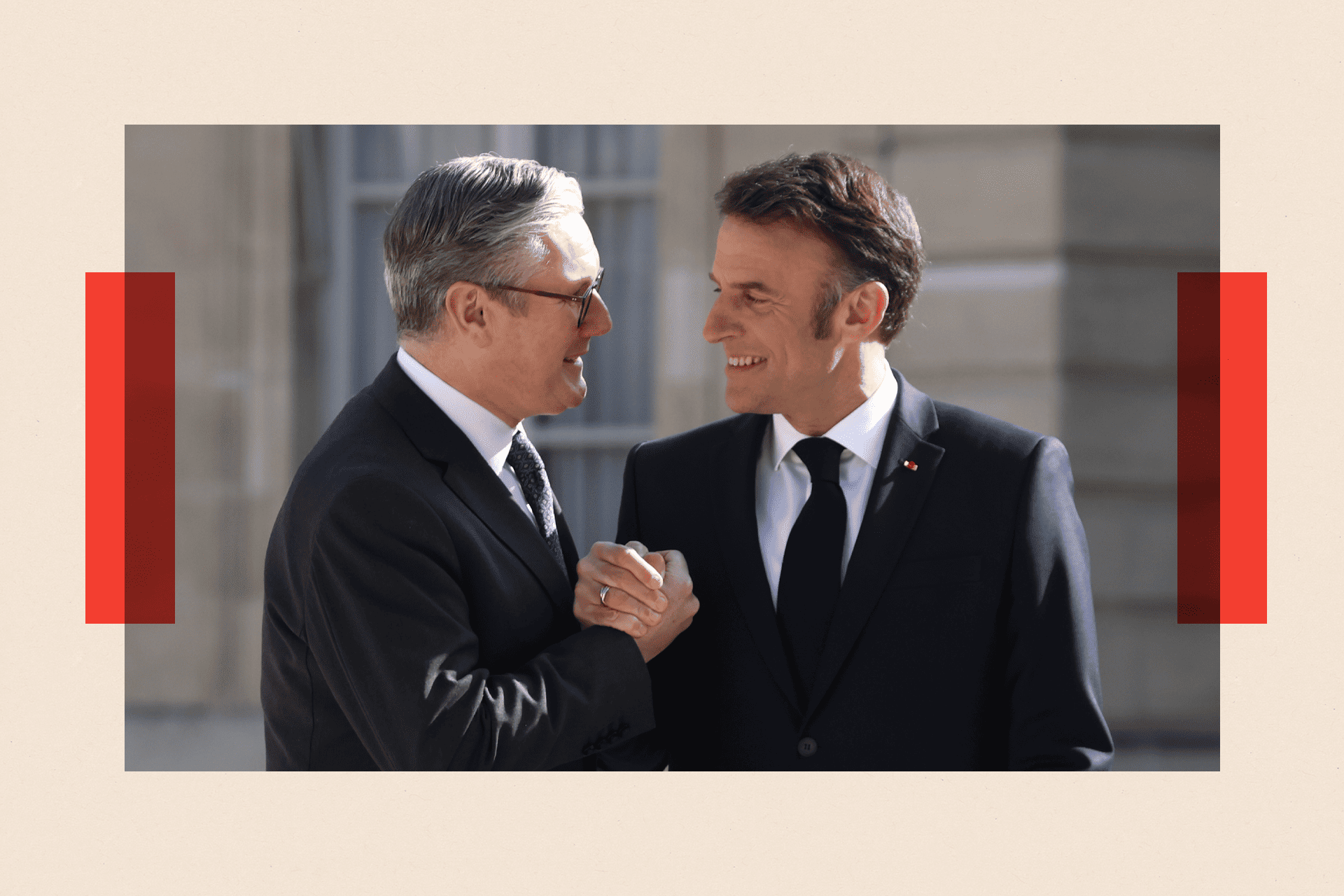 Keir Starmer is greeted by Emmanuel Macron ahead of the 'Coalition Of The Willing' summit in support of Ukraine at Elysee Palace on 27 March 2025 in Paris, France.