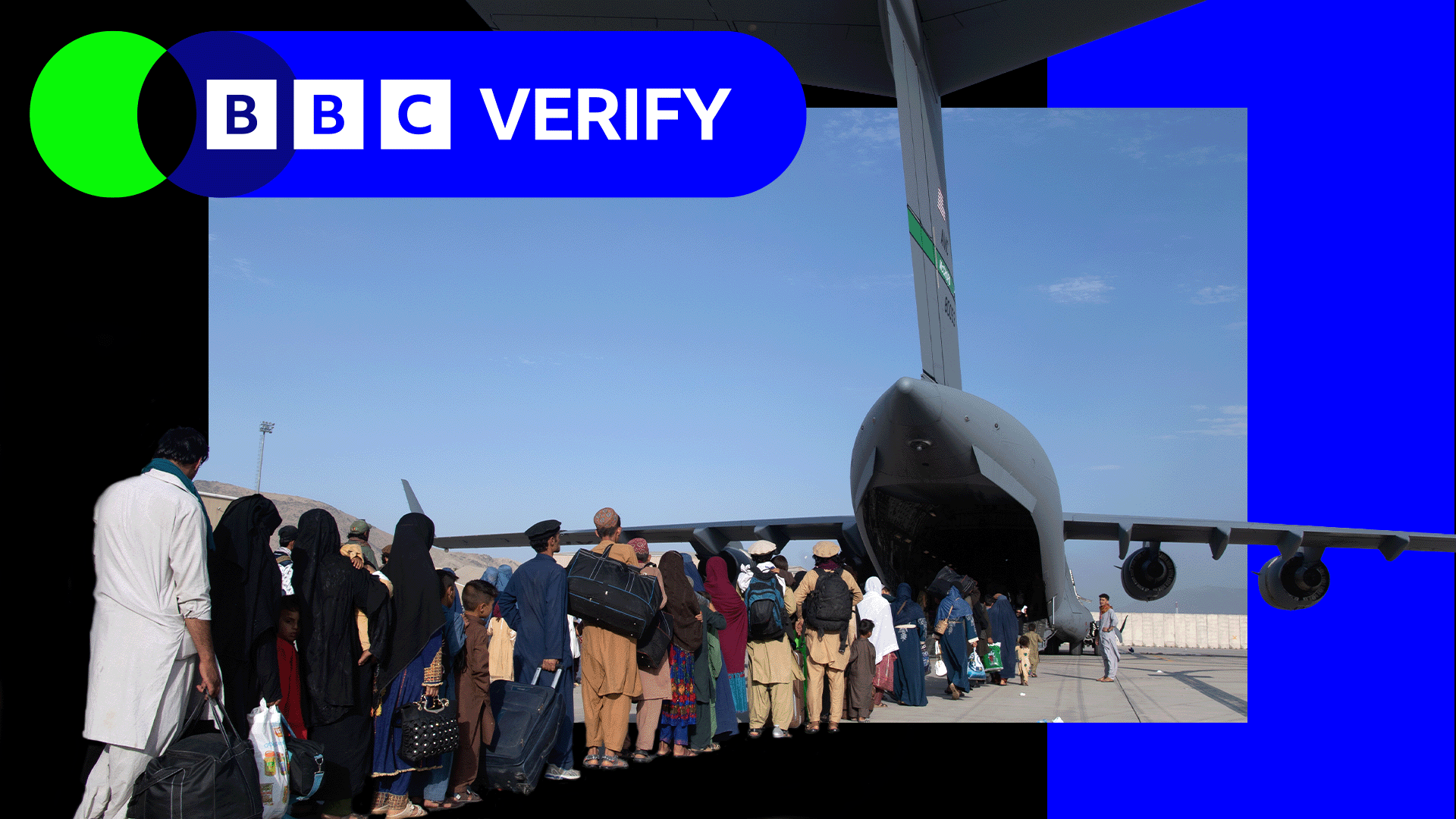 Verify logo placed over a photograph of Afghan evacuees queuing to board US military aircraft following the fall of Kabul in 2021.