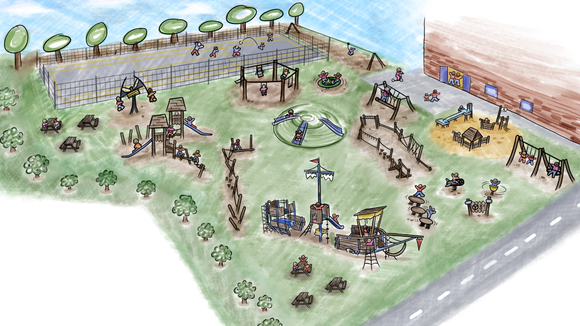 A drawing of the planned park layout at The Venture Community Hub which includes a multi-use games area, swings and as a roundabout.