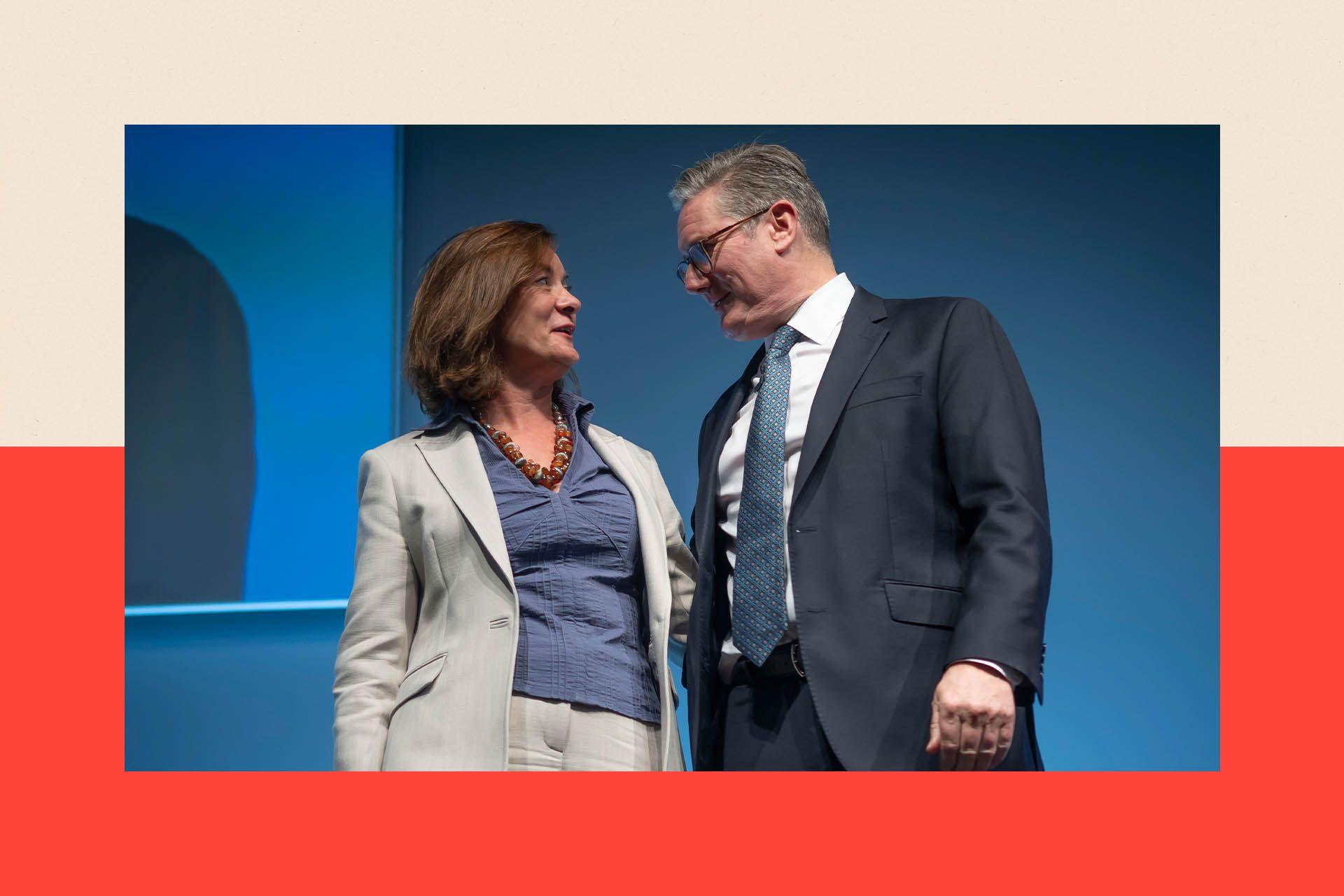 First Minister of Wales Eluned Morgan MS and Prime Minister Keir Starmer stand on stage